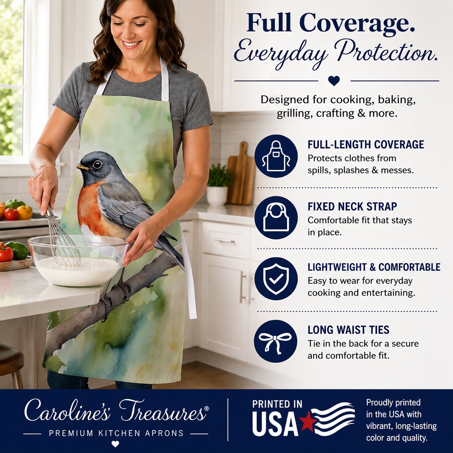 Connecticut American Robin Apron Cooking Kitchen Server Baking Crafts Gardening for Adult Women Men, Unisex, Large, Multicolor