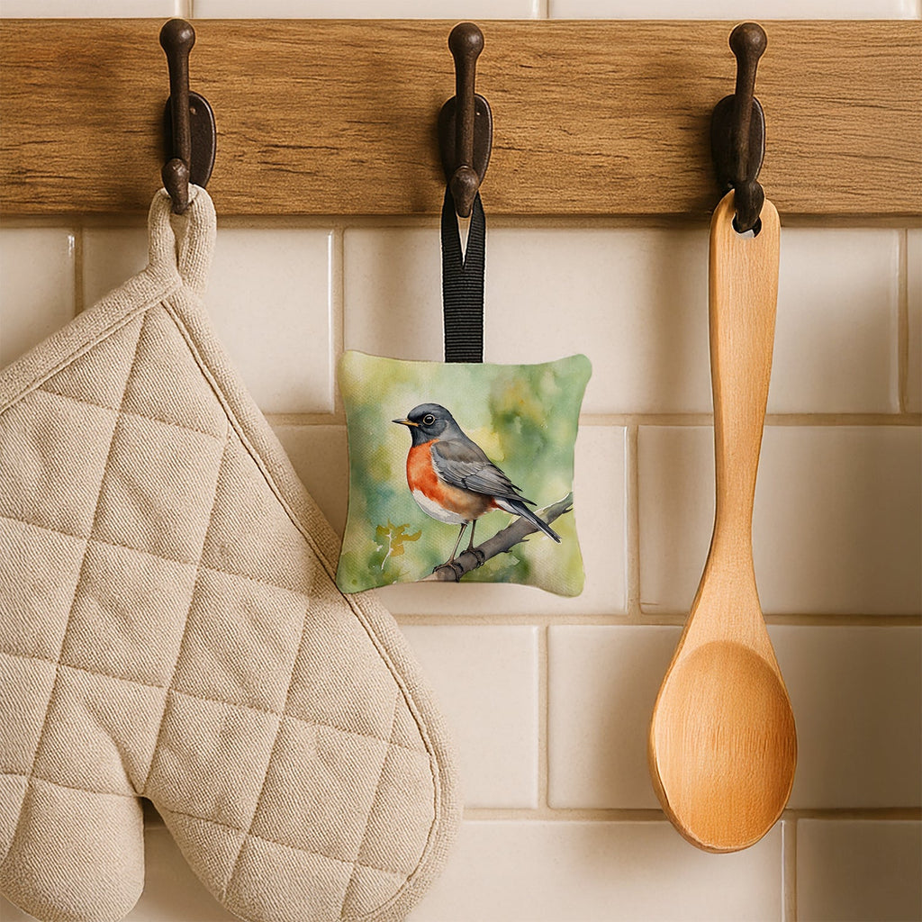 Connecticut American Robin Hanging Square Fabric Ornament 3.5 × 3.5 Decorative Door-Knob & Tree Hanger, Soft Fabric