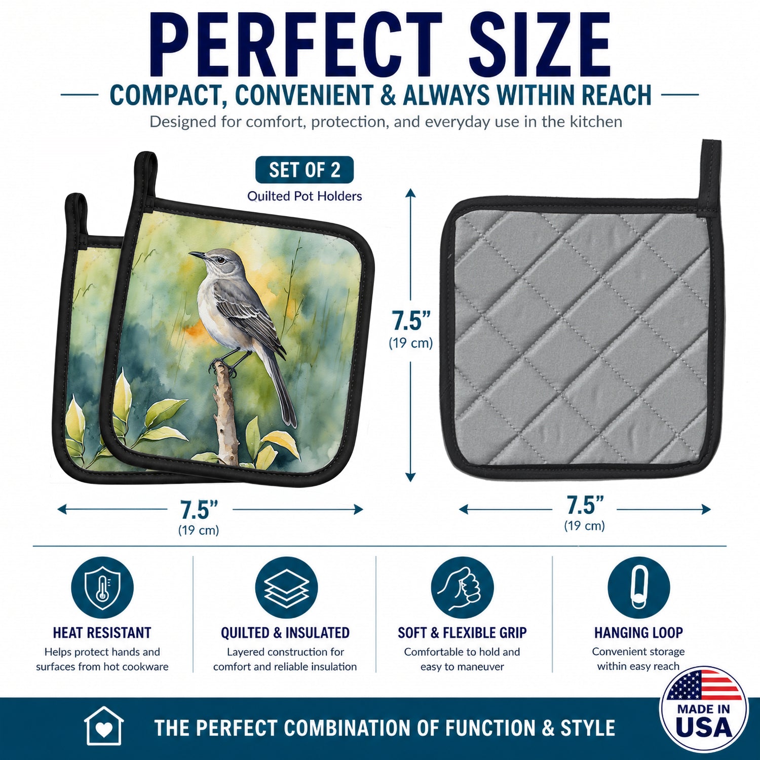 Florida Northern Mockingbird Pot Holder Set of 2 Heat Resistant Quilted Hot Pads 7.5 x 7.5 Inch, Insulated Kitchen Trivets for Cooking & Baking