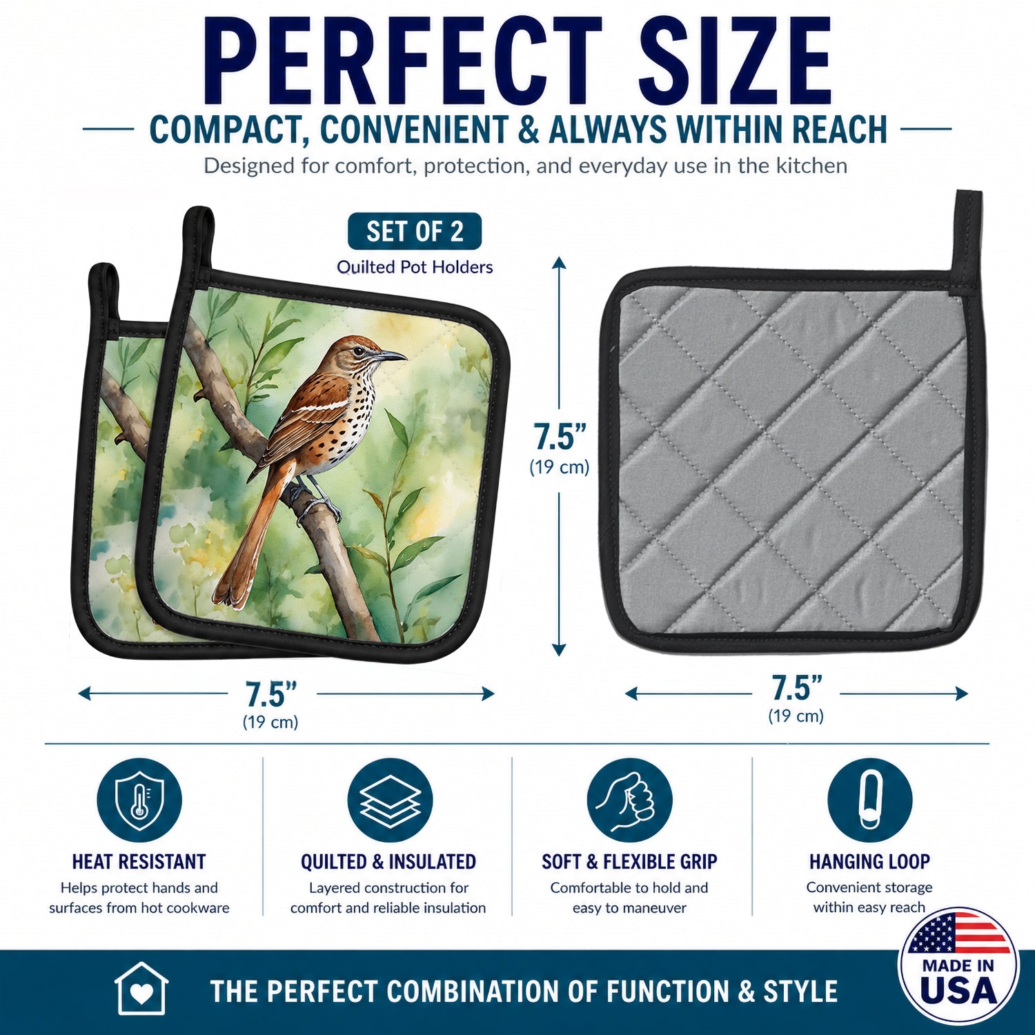 Georgia Brown Thrasher Pot Holder Set of 2 Heat Resistant Quilted Hot Pads 7.5 x 7.5 Inch, Insulated Kitchen Trivets for Cooking & Baking