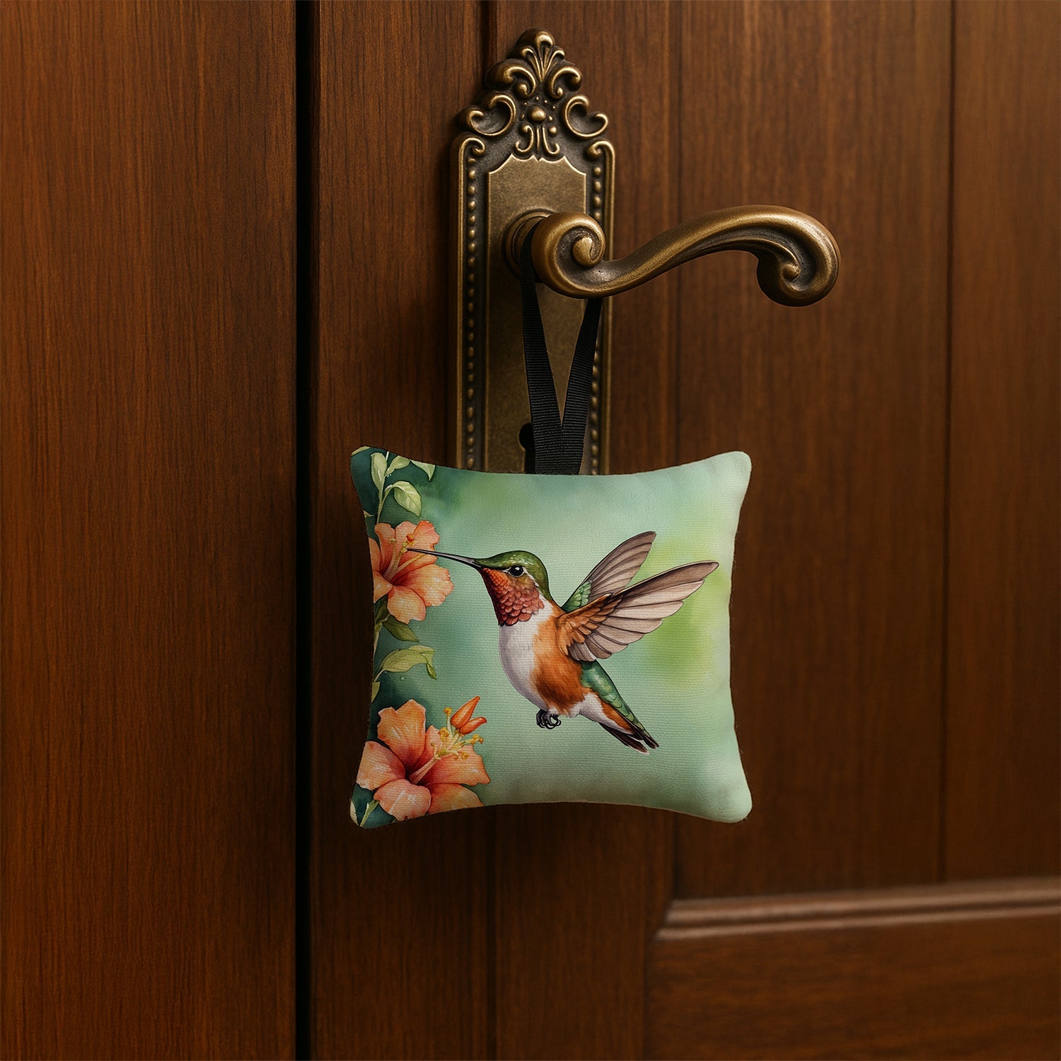 Rufous Hummingbird Hanging Square Fabric Ornament 3.5 × 3.5 Decorative Door-Knob & Tree Hanger, Soft Fabric