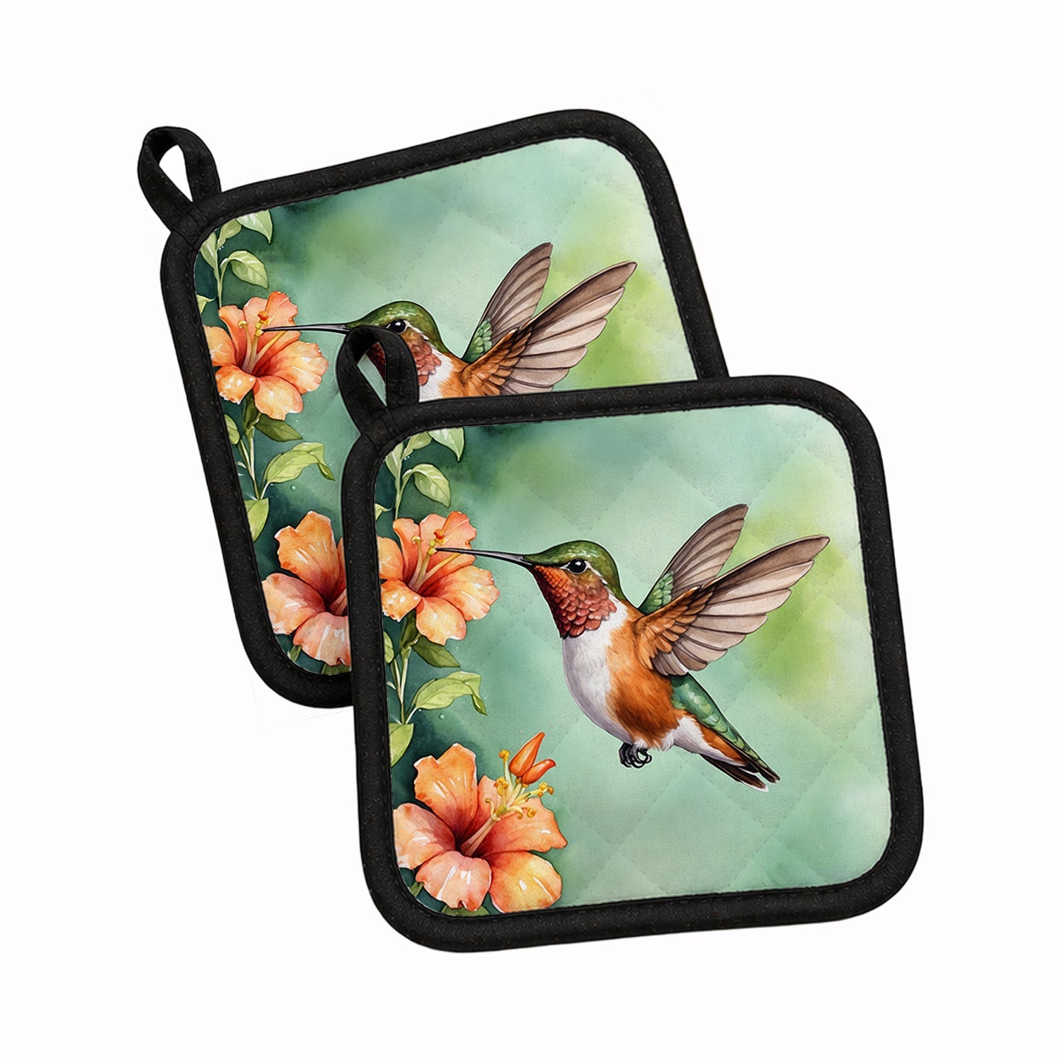 Rufous Hummingbird Pot Holder Set of 2 Heat Resistant Quilted Hot Pads 7.5 x 7.5 Inch, Insulated Kitchen Trivets for Cooking & Baking
