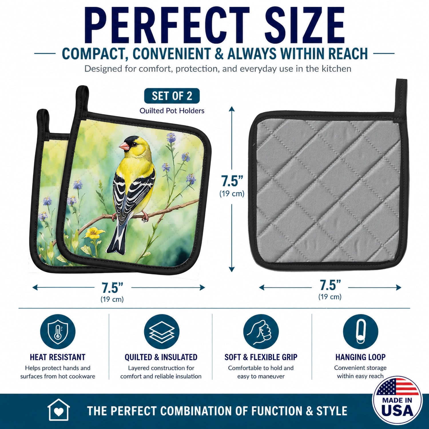 American Goldfinch Pot Holder Set of 2 Heat Resistant Quilted Hot Pads 7.5 x 7.5 Inch, Insulated Kitchen Trivets for Cooking & Baking