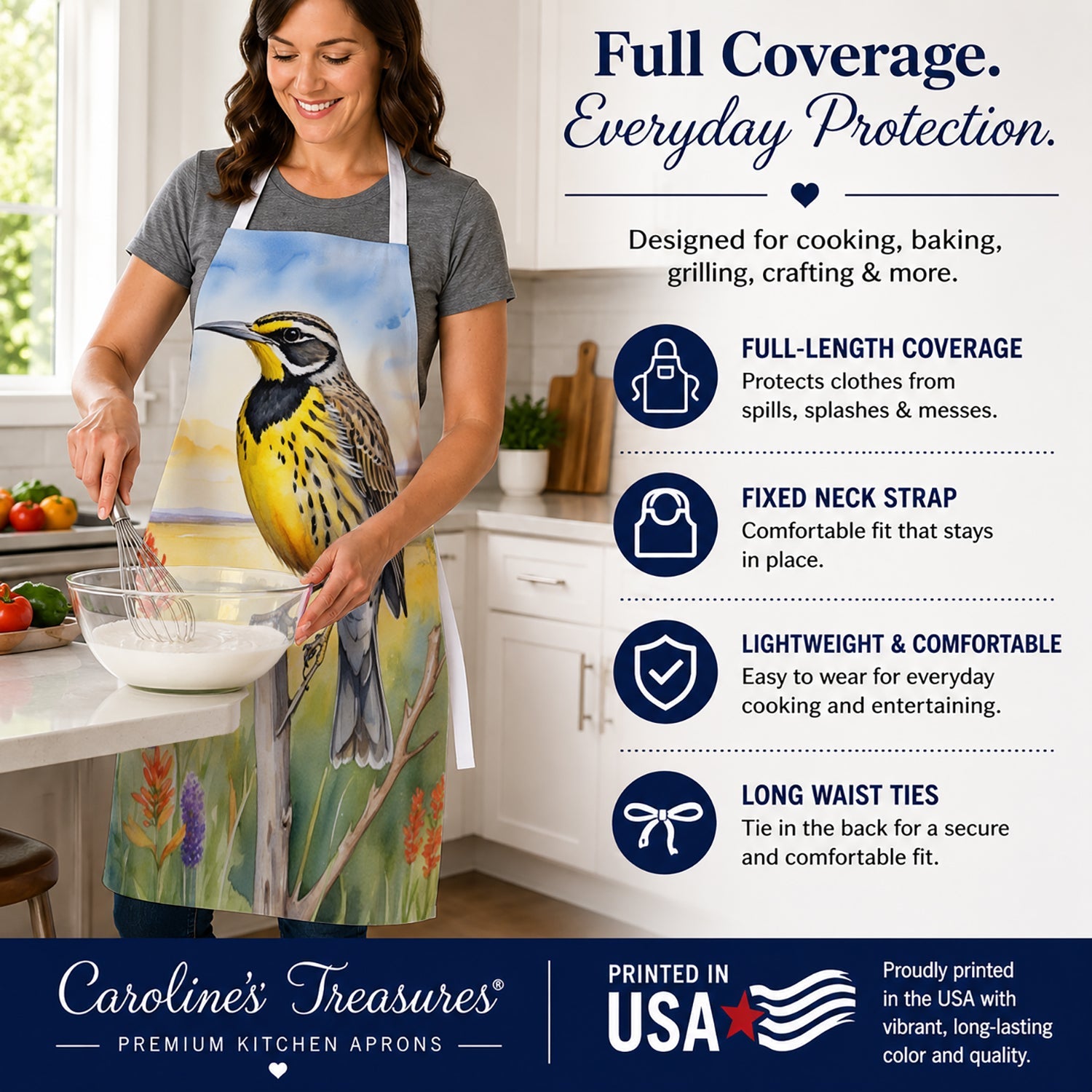 Kansas Western Meadowlark Apron Cooking Kitchen Server Baking Crafts Gardening for Adult Women Men, Unisex, Large, Multicolor