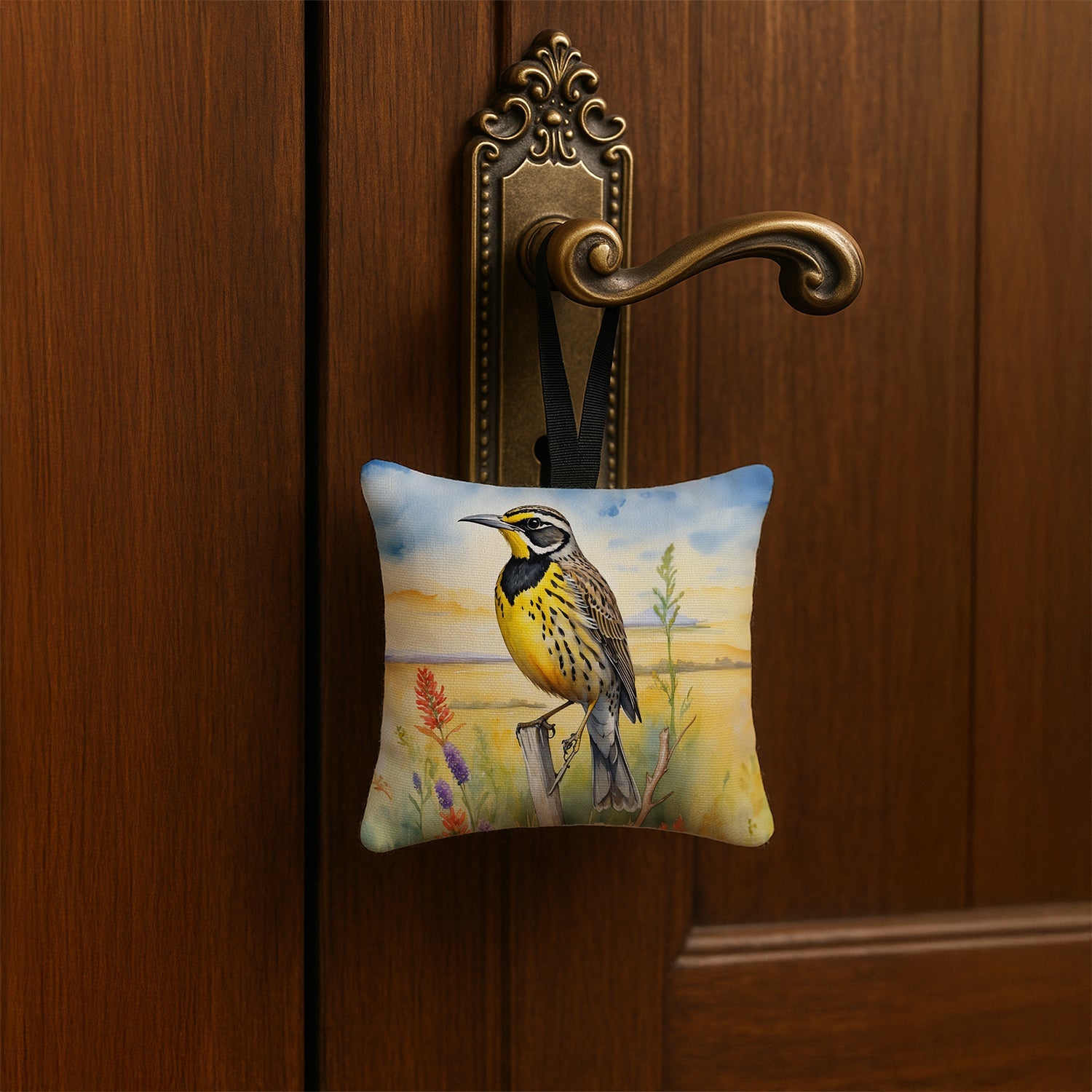 Kansas Western Meadowlark Hanging Square Fabric Ornament 3.5 × 3.5 Decorative Door-Knob & Tree Hanger, Soft Fabric