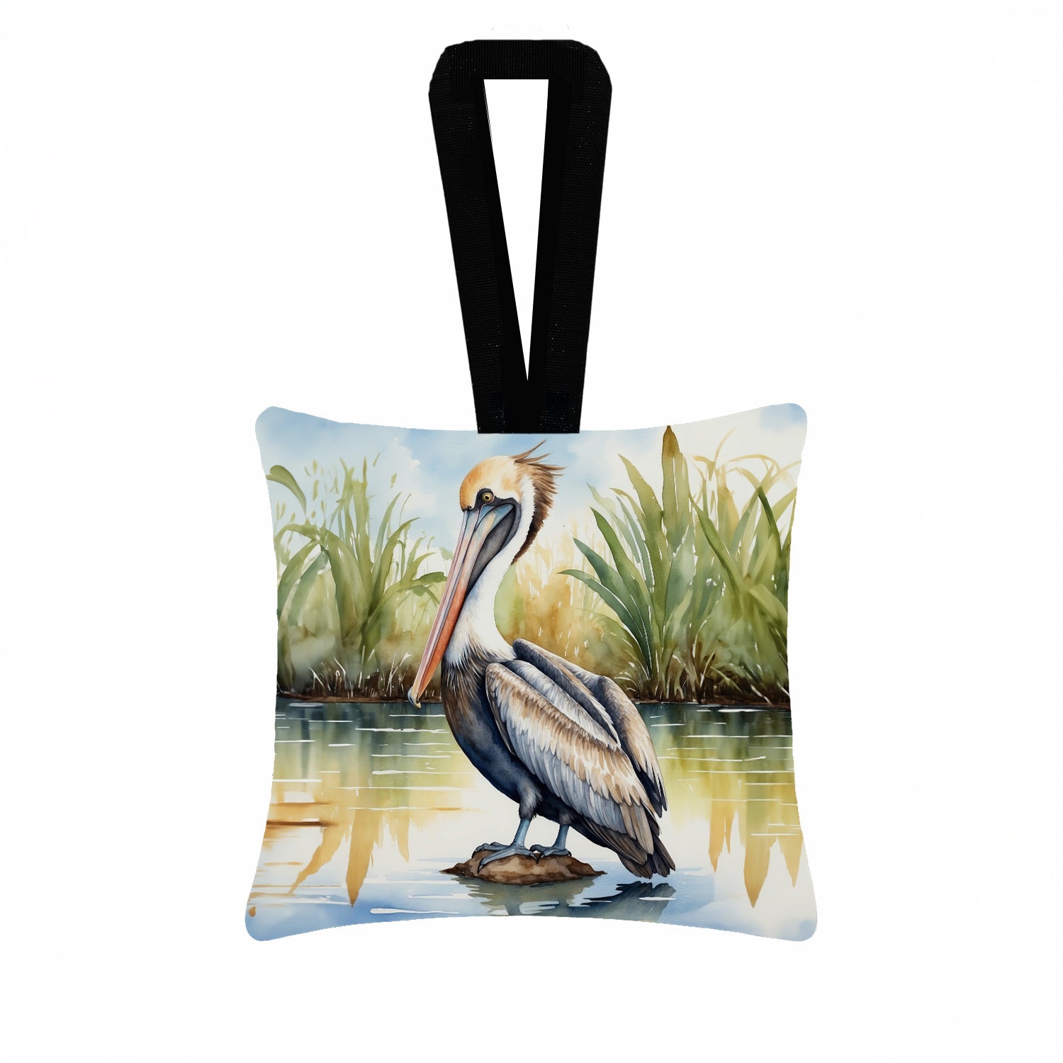 Louisiana Brown Pelican Hanging Square Fabric Ornament 3.5 × 3.5 Decorative Door-Knob & Tree Hanger, Soft Fabric