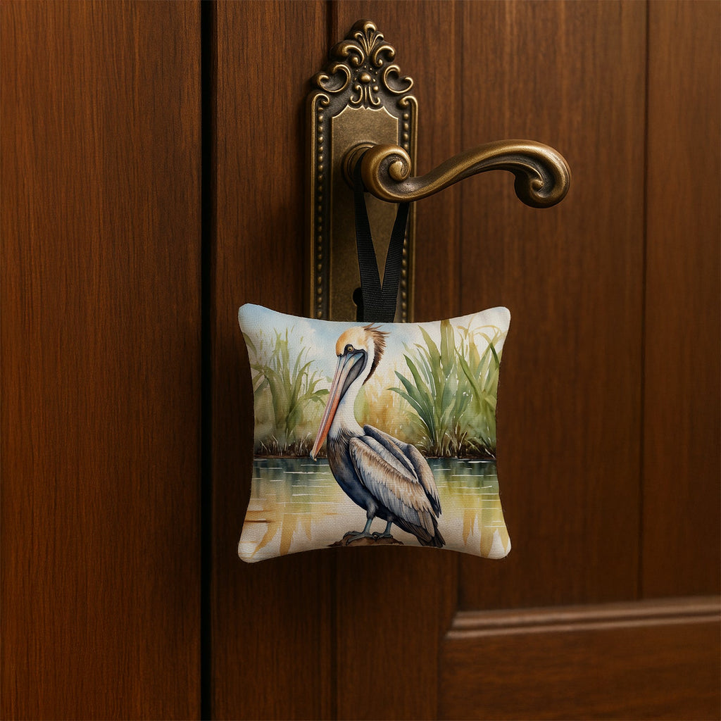 Louisiana Brown Pelican Hanging Square Fabric Ornament 3.5 × 3.5 Decorative Door-Knob & Tree Hanger, Soft Fabric