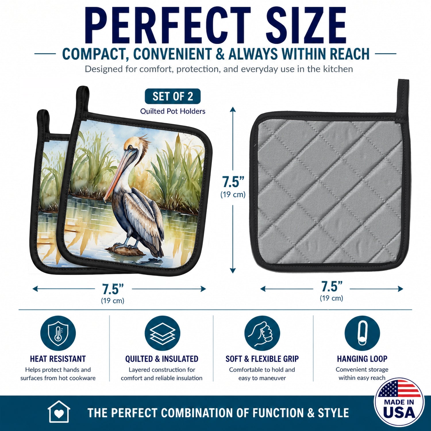 Louisiana Brown Pelican Pot Holder Set of 2 Heat Resistant Quilted Hot Pads 7.5 x 7.5 Inch, Insulated Kitchen Trivets for Cooking & Baking