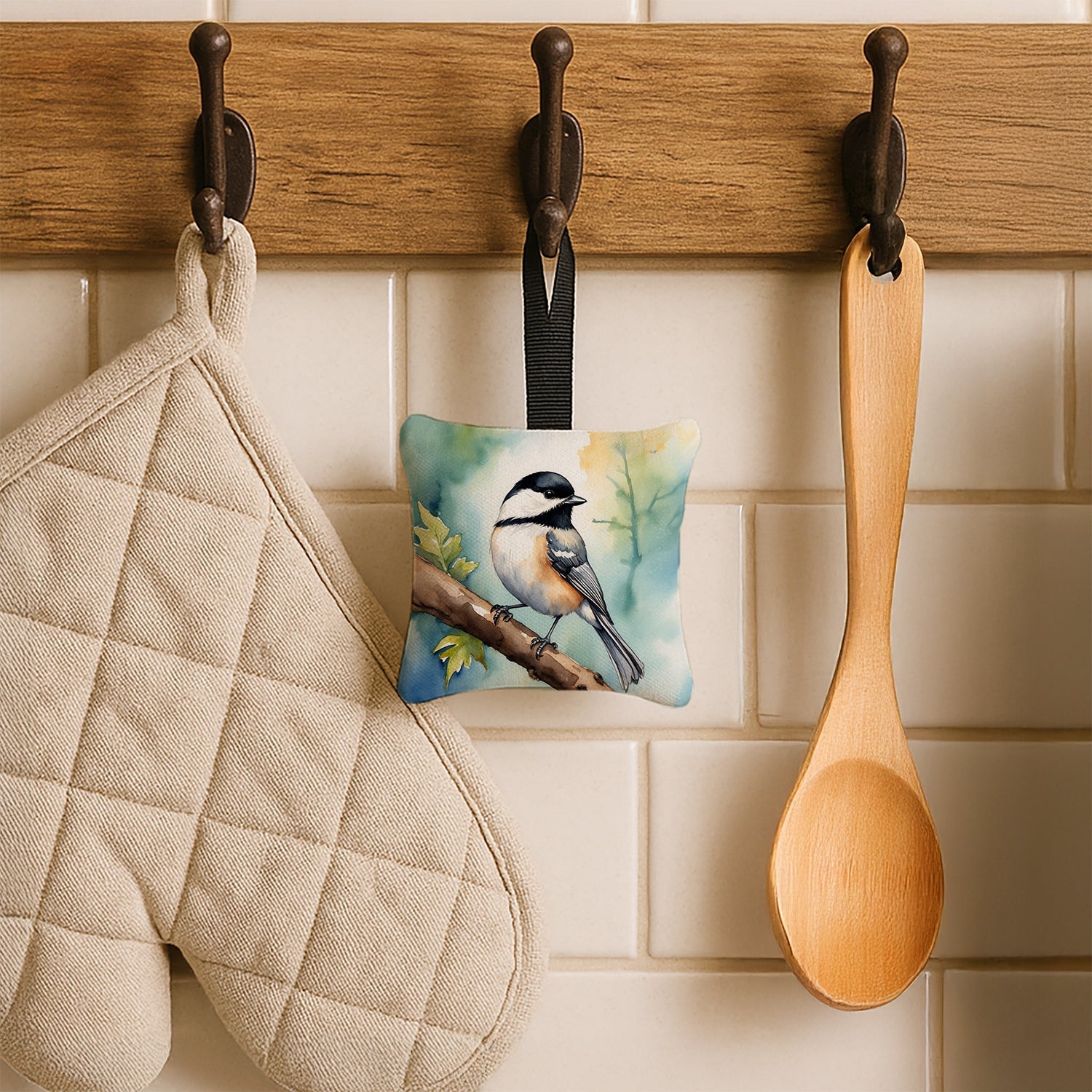 Massachusetts Blackcapped Chickadee Hanging Square Fabric Ornament 3.5 × 3.5 Decorative Door-Knob & Tree Hanger, Soft Fabric