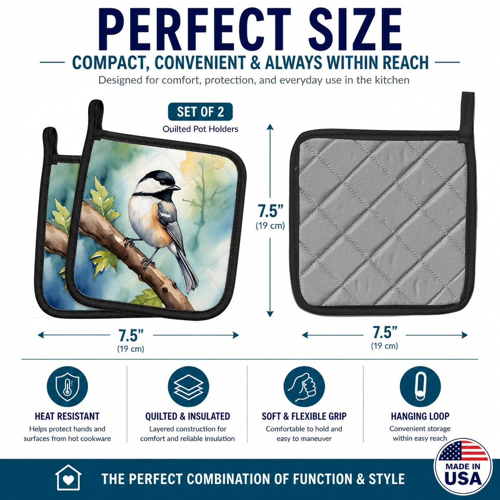 Massachusetts Blackcapped Chickadee Pot Holder Set of 2 Heat Resistant Quilted Hot Pads 7.5 x 7.5 Inch, Insulated Kitchen Trivets for Cooking & Baking