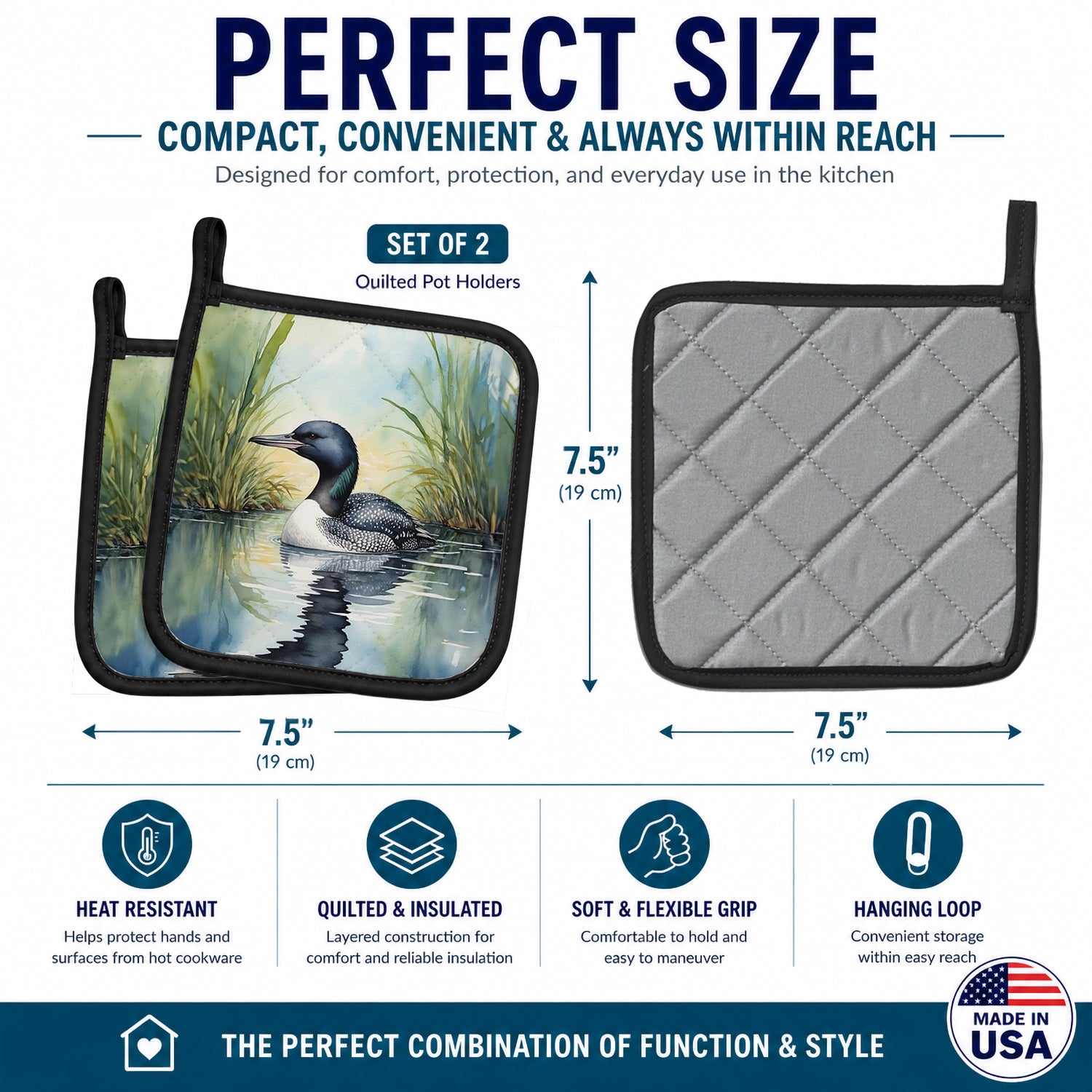 Minnesota Common Loon Pot Holder Set of 2 Heat Resistant Quilted Hot Pads 7.5 x 7.5 Inch, Insulated Kitchen Trivets for Cooking & Baking
