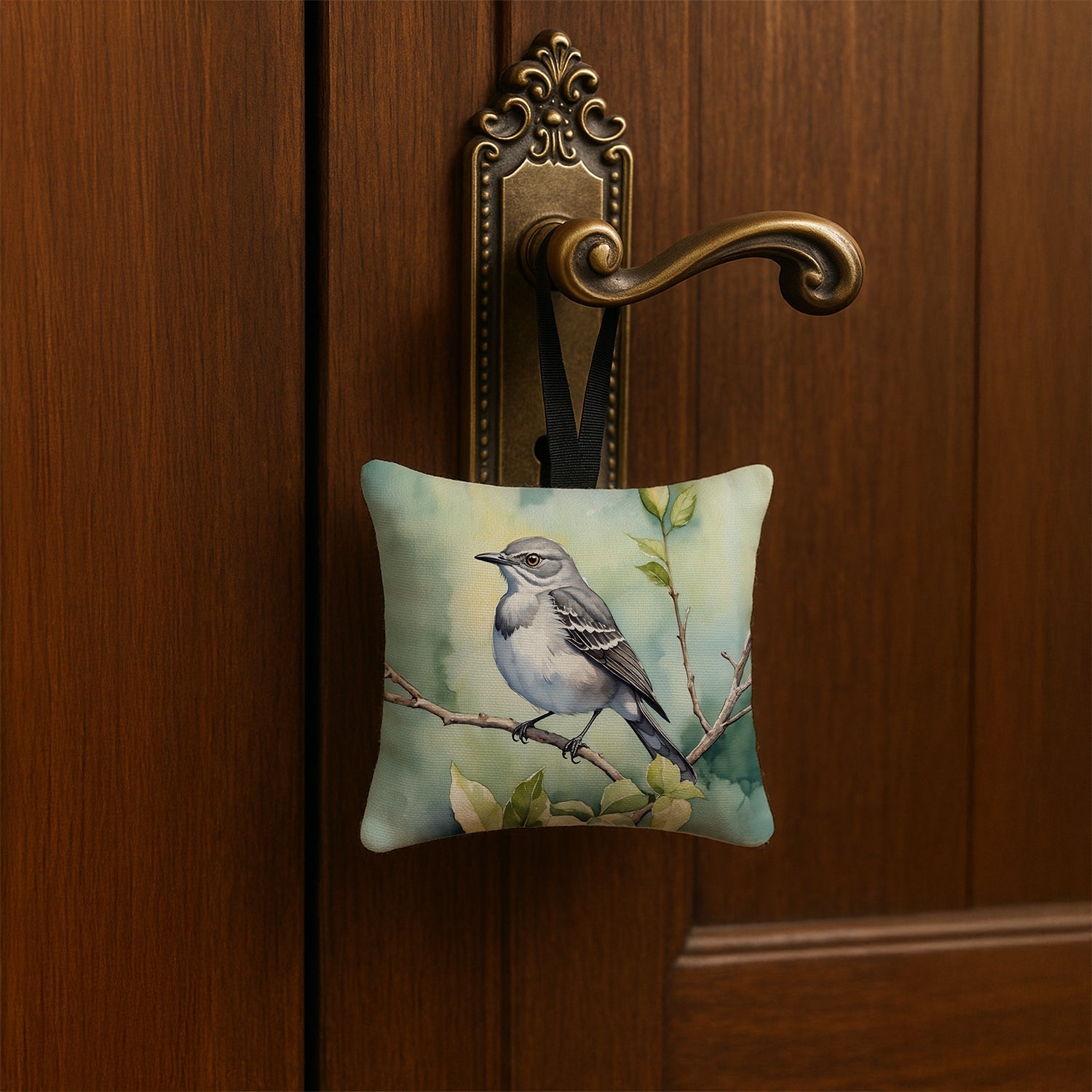 Mississippi Northern Mocking bird Hanging Square Fabric Ornament 3.5 × 3.5 Decorative Door-Knob & Tree Hanger, Soft Fabric