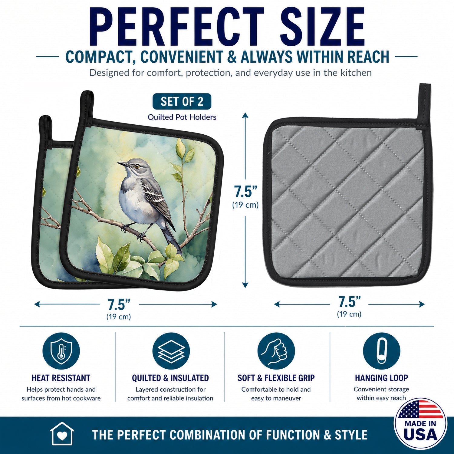 Mississippi Northern Mocking bird Pot Holder Set of 2 Heat Resistant Quilted Hot Pads 7.5 x 7.5 Inch, Insulated Kitchen Trivets for Cooking & Baking