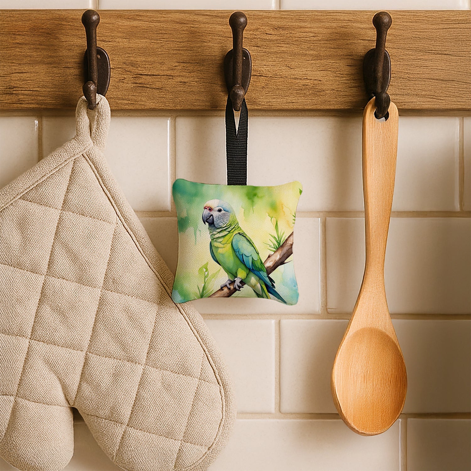 Monk Parakeet Hanging Square Fabric Ornament 3.5 × 3.5 Decorative Door-Knob & Tree Hanger, Soft Fabric
