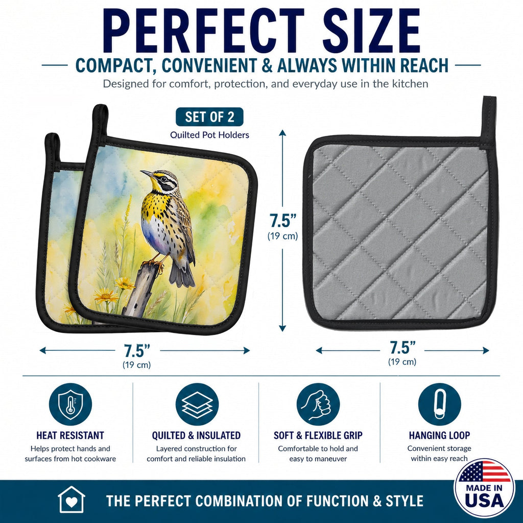 Montana Western Meadowlark Pot Holder Set of 2 Heat Resistant Quilted Hot Pads 7.5 x 7.5 Inch, Insulated Kitchen Trivets for Cooking & Baking
