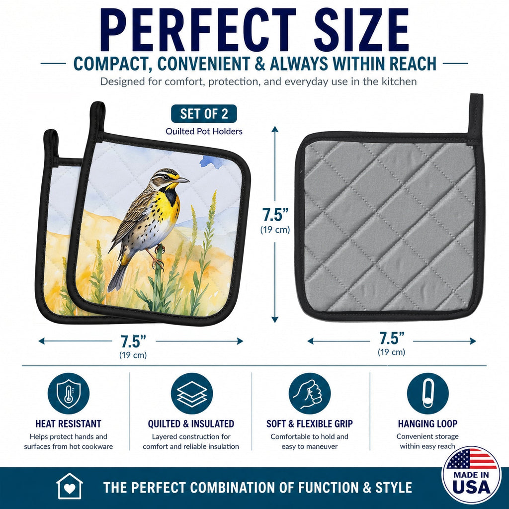 Nebraska Western Meadowlark Pot Holder Set of 2 Heat Resistant Quilted Hot Pads 7.5 x 7.5 Inch, Insulated Kitchen Trivets for Cooking & Baking