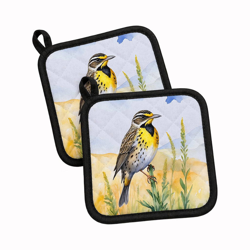 Nebraska Western Meadowlark Pot Holder Set of 2 Heat Resistant Quilted Hot Pads 7.5 x 7.5 Inch, Insulated Kitchen Trivets for Cooking & Baking