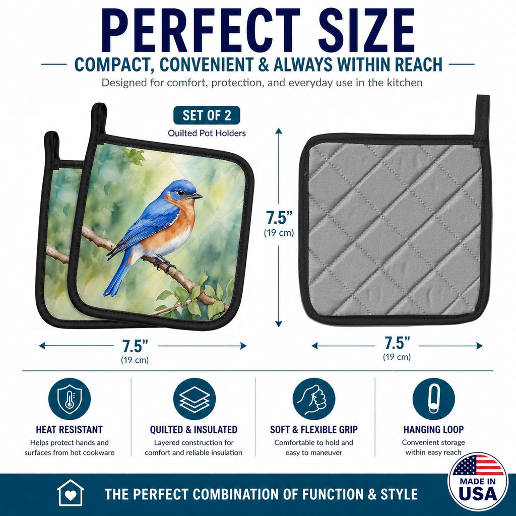 New York Eastern Bluebird Pot Holder Set of 2 Heat Resistant Quilted Hot Pads 7.5 x 7.5 Inch, Insulated Kitchen Trivets for Cooking & Baking