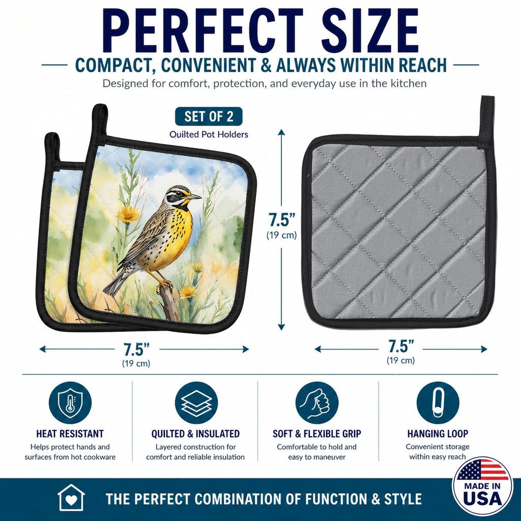 North Dakota Western Meadowlark Pot Holder Set of 2 Heat Resistant Quilted Hot Pads 7.5 x 7.5 Inch, Insulated Kitchen Trivets for Cooking & Baking