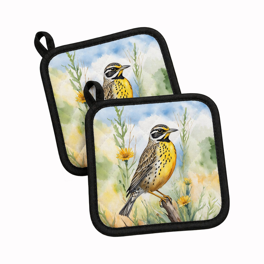 North Dakota Western Meadowlark Pot Holder Set of 2 Heat Resistant Quilted Hot Pads 7.5 x 7.5 Inch, Insulated Kitchen Trivets for Cooking & Baking