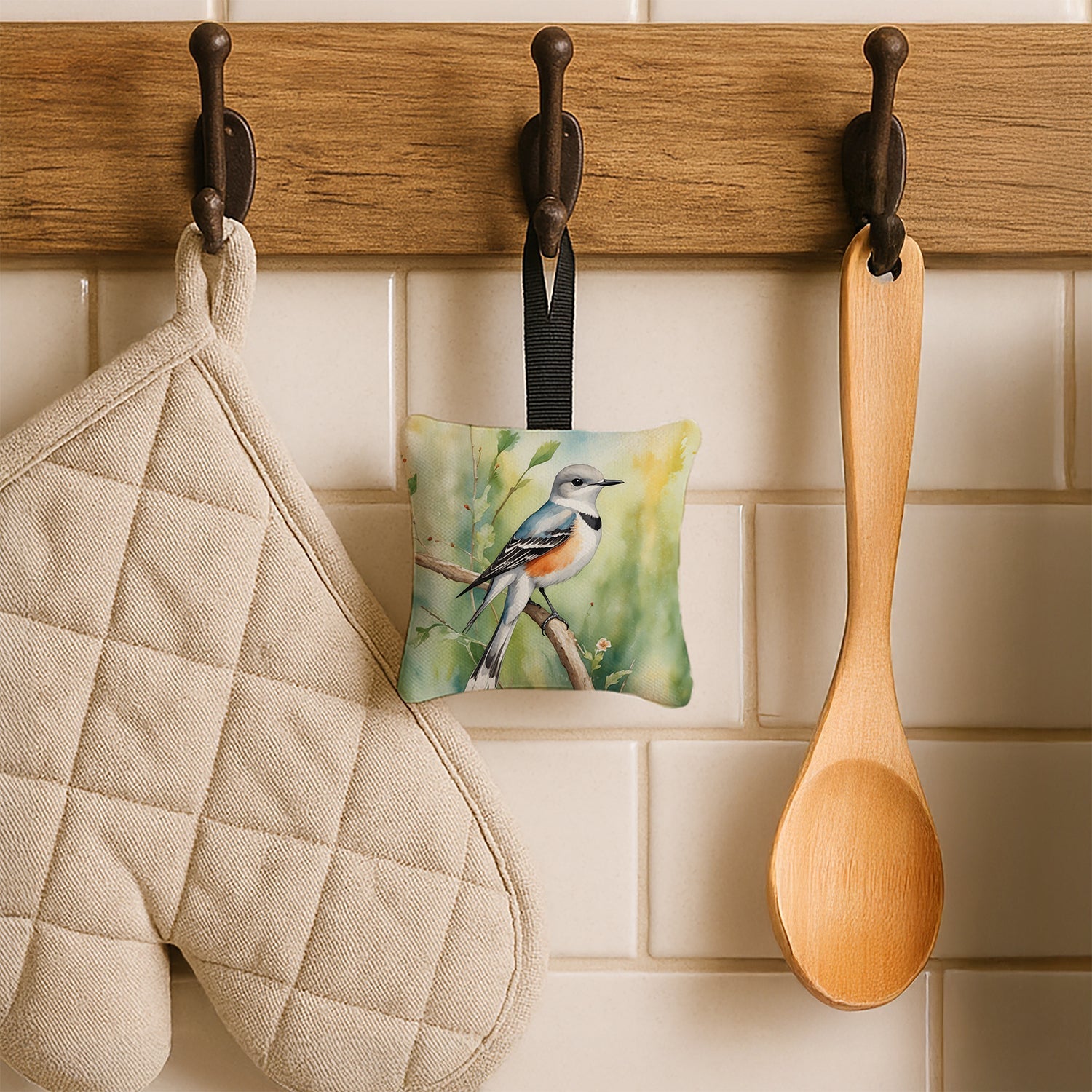 Oklahoma Scissortailed Flycatcher Hanging Square Fabric Ornament 3.5 × 3.5 Decorative Door-Knob & Tree Hanger, Soft Fabric