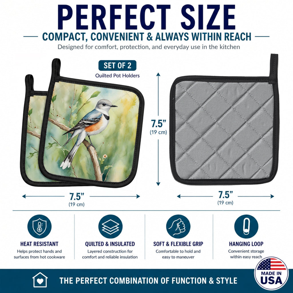 Oklahoma Scissortailed Flycatcher Pot Holder Set of 2 Heat Resistant Quilted Hot Pads 7.5 x 7.5 Inch, Insulated Kitchen Trivets for Cooking & Baking