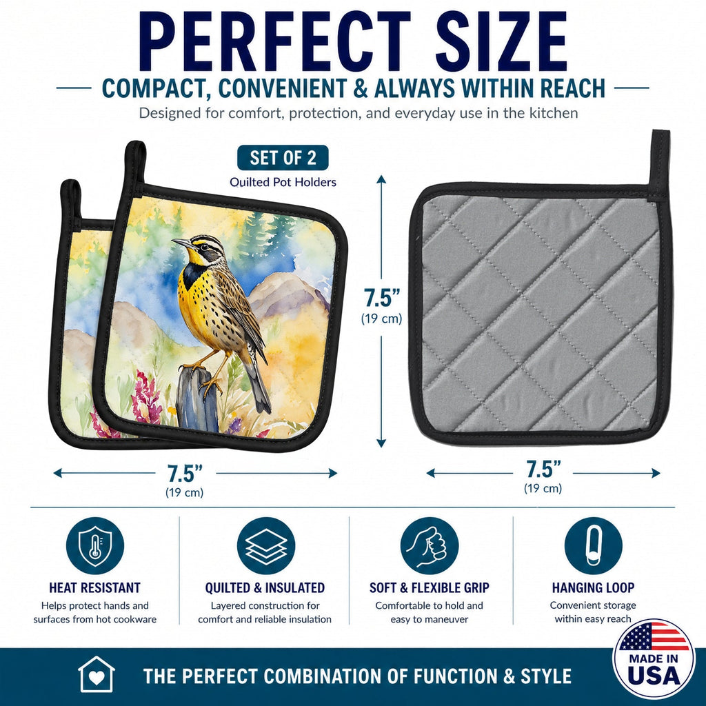 Oregon Western Meadowlark Pot Holder Set of 2 Heat Resistant Quilted Hot Pads 7.5 x 7.5 Inch, Insulated Kitchen Trivets for Cooking & Baking