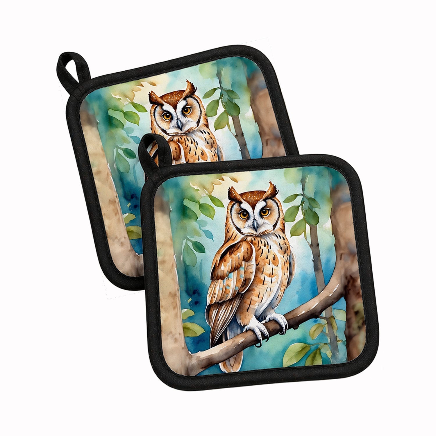 Oriental Bay Owl Pot Holder Set of 2 Heat Resistant Quilted Hot Pads 7.5 x 7.5 Inch, Insulated Kitchen Trivets for Cooking & Baking