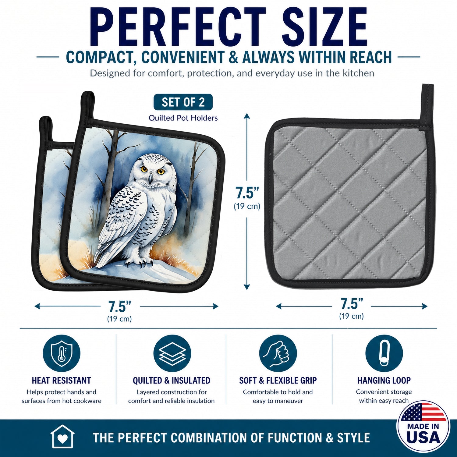 Snowy Owl Pot Holder Set of 2 Heat Resistant Quilted Hot Pads 7.5 x 7.5 Inch, Insulated Kitchen Trivets for Cooking & Baking