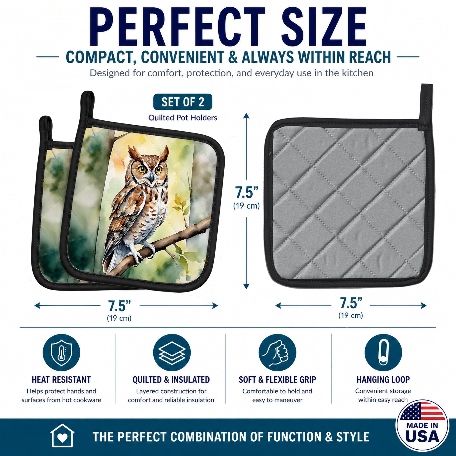 Eastern Screech Owl Pot Holder Set of 2 Heat Resistant Quilted Hot Pads 7.5 x 7.5 Inch, Insulated Kitchen Trivets for Cooking & Baking