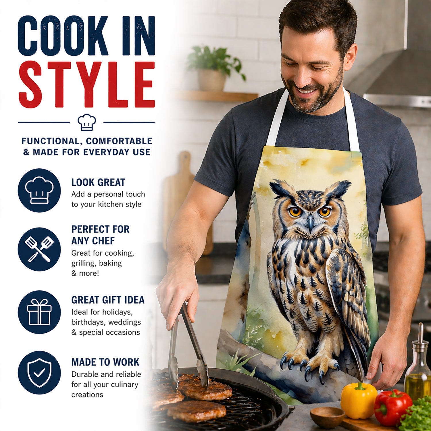 Eurasian Eagle Owl Apron Cooking Kitchen Server Baking Crafts Gardening for Adult Women Men, Unisex, Large, Multicolor