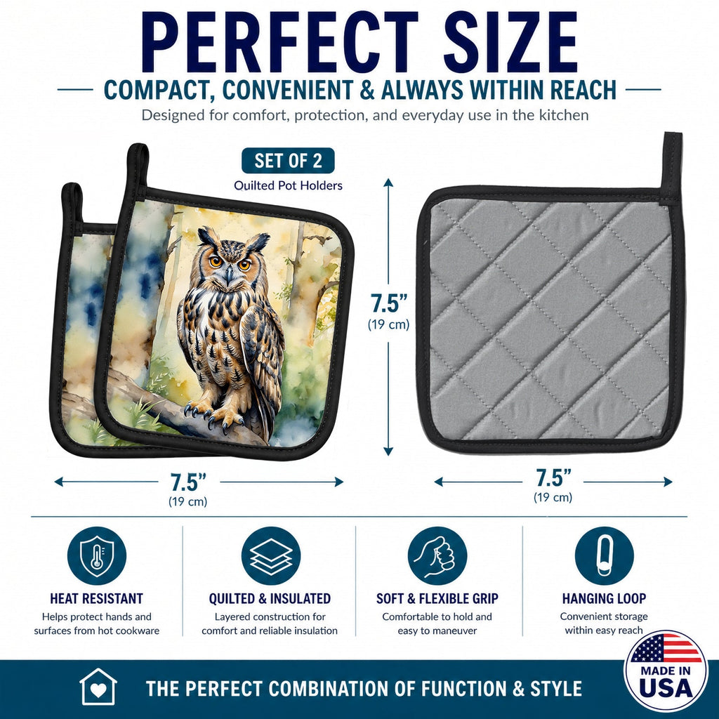 Eurasian Eagle Owl Pot Holder Set of 2 Heat Resistant Quilted Hot Pads 7.5 x 7.5 Inch, Insulated Kitchen Trivets for Cooking & Baking
