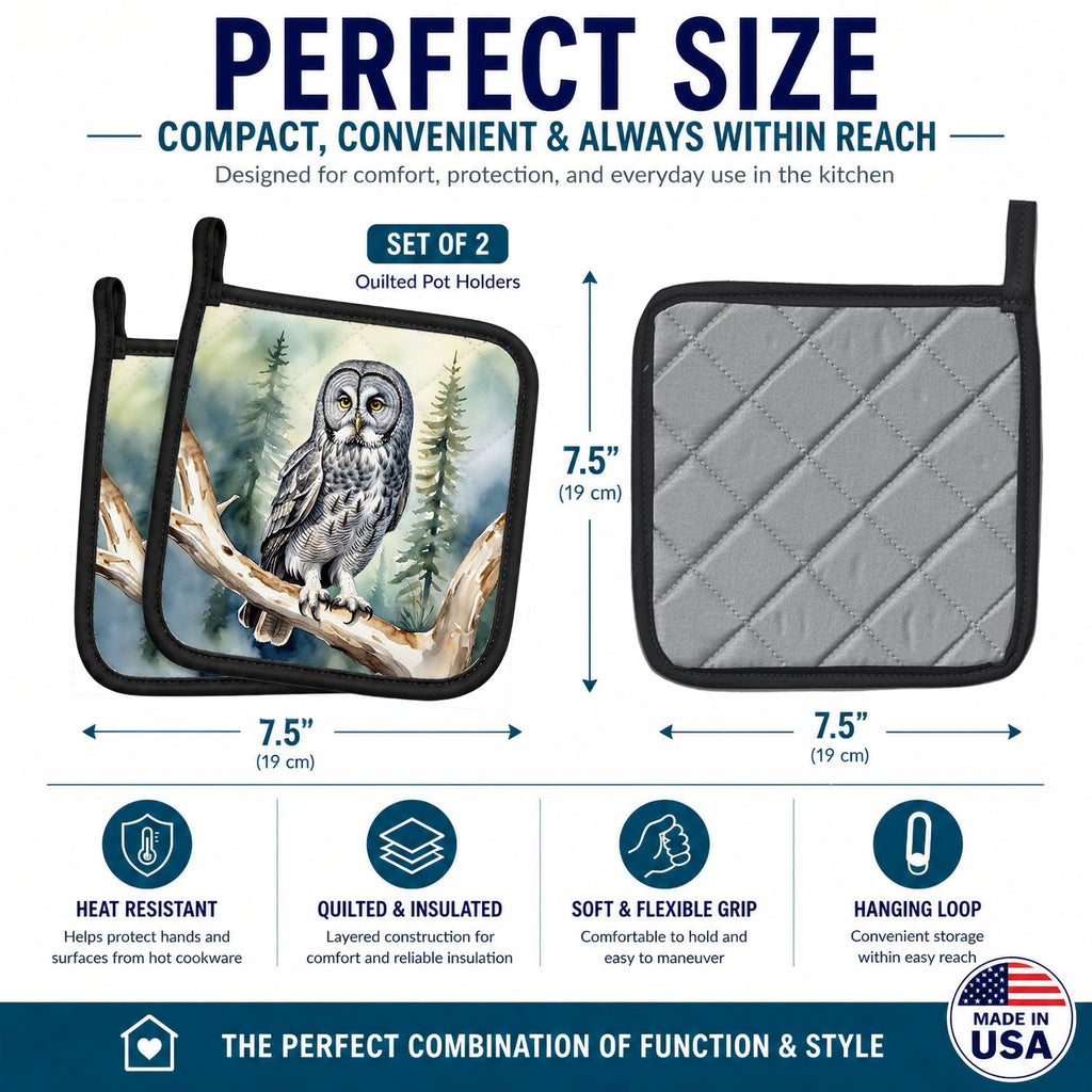 Great Gray Owl Pot Holder Set of 2 Heat Resistant Quilted Hot Pads 7.5 x 7.5 Inch, Insulated Kitchen Trivets for Cooking & Baking