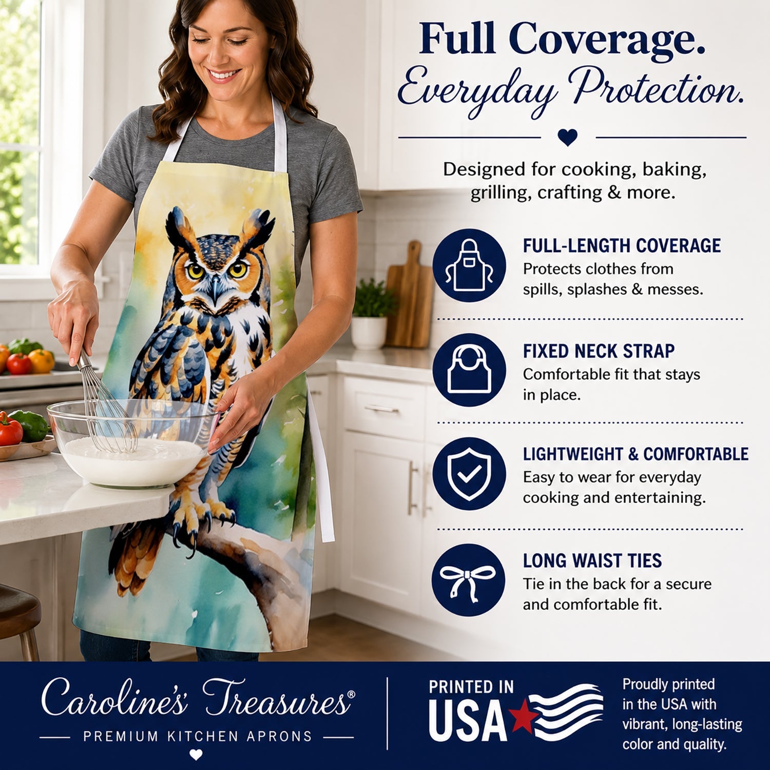 Great Horned Owl Apron Cooking Kitchen Server Baking Crafts Gardening for Adult Women Men, Unisex, Large, Multicolor