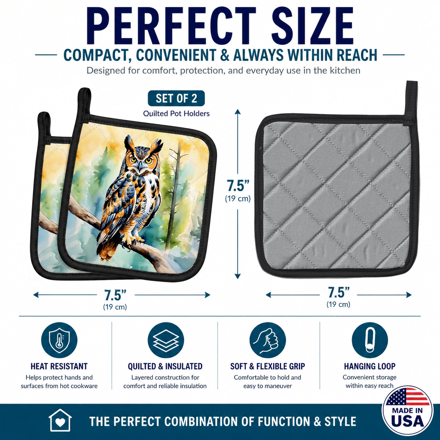 Great Horned Owl Pot Holder Set of 2 Heat Resistant Quilted Hot Pads 7.5 x 7.5 Inch, Insulated Kitchen Trivets for Cooking & Baking