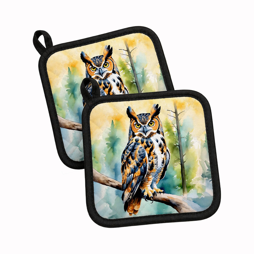 Great Horned Owl Pot Holder Set of 2 Heat Resistant Quilted Hot Pads 7.5 x 7.5 Inch, Insulated Kitchen Trivets for Cooking & Baking