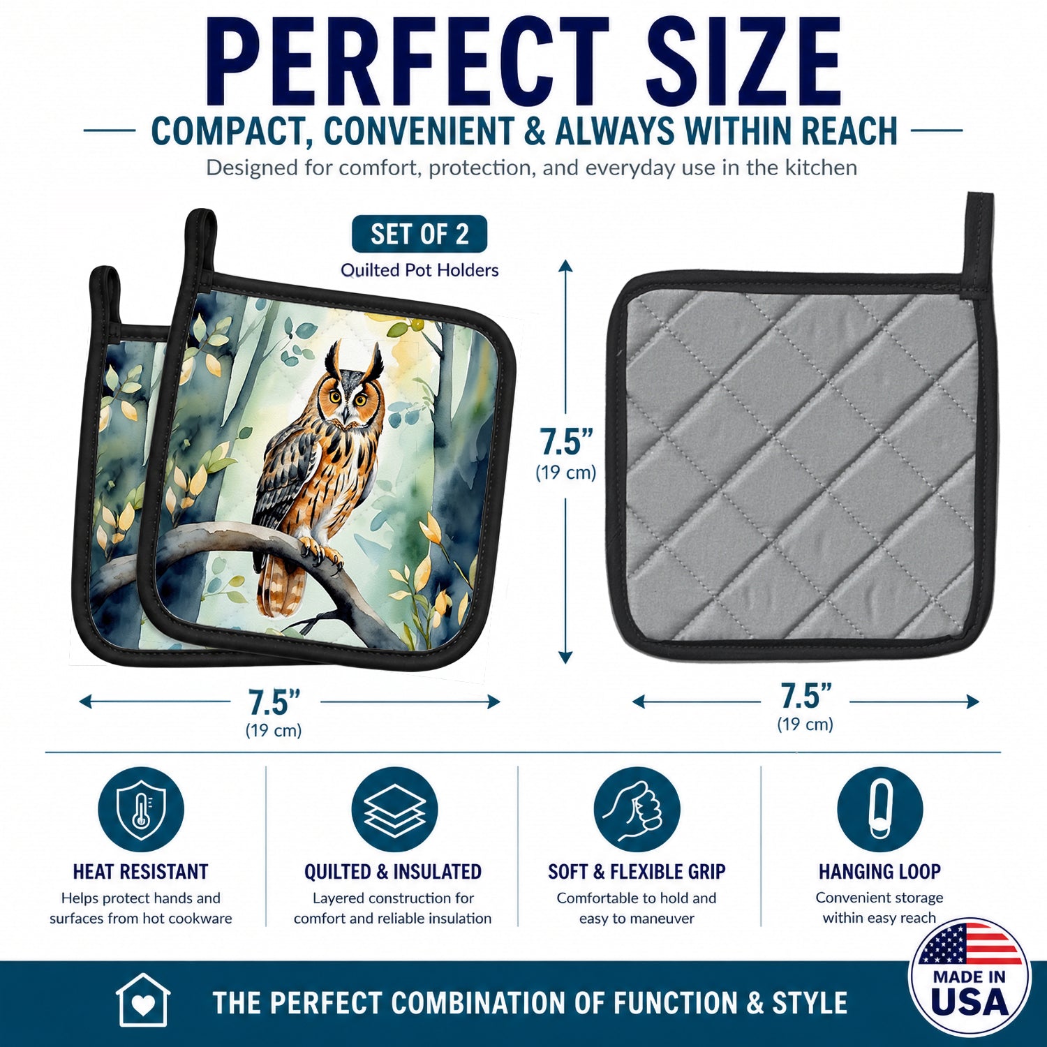 LongEared Owl Pot Holder Set of 2 Heat Resistant Quilted Hot Pads 7.5 x 7.5 Inch, Insulated Kitchen Trivets for Cooking & Baking