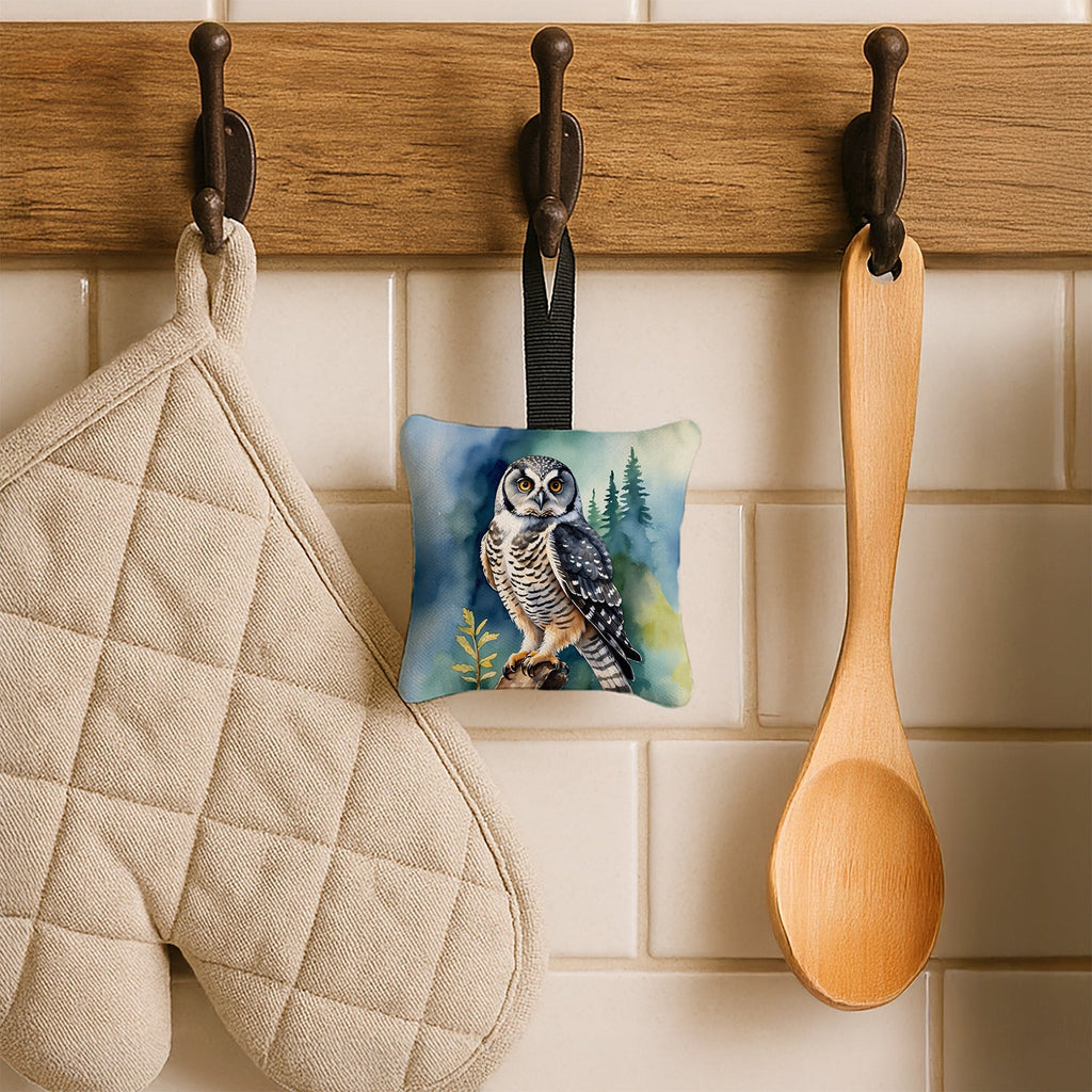 Northern Hawk Owl Hanging Square Fabric Ornament 3.5 × 3.5 Decorative Door-Knob & Tree Hanger, Soft Fabric