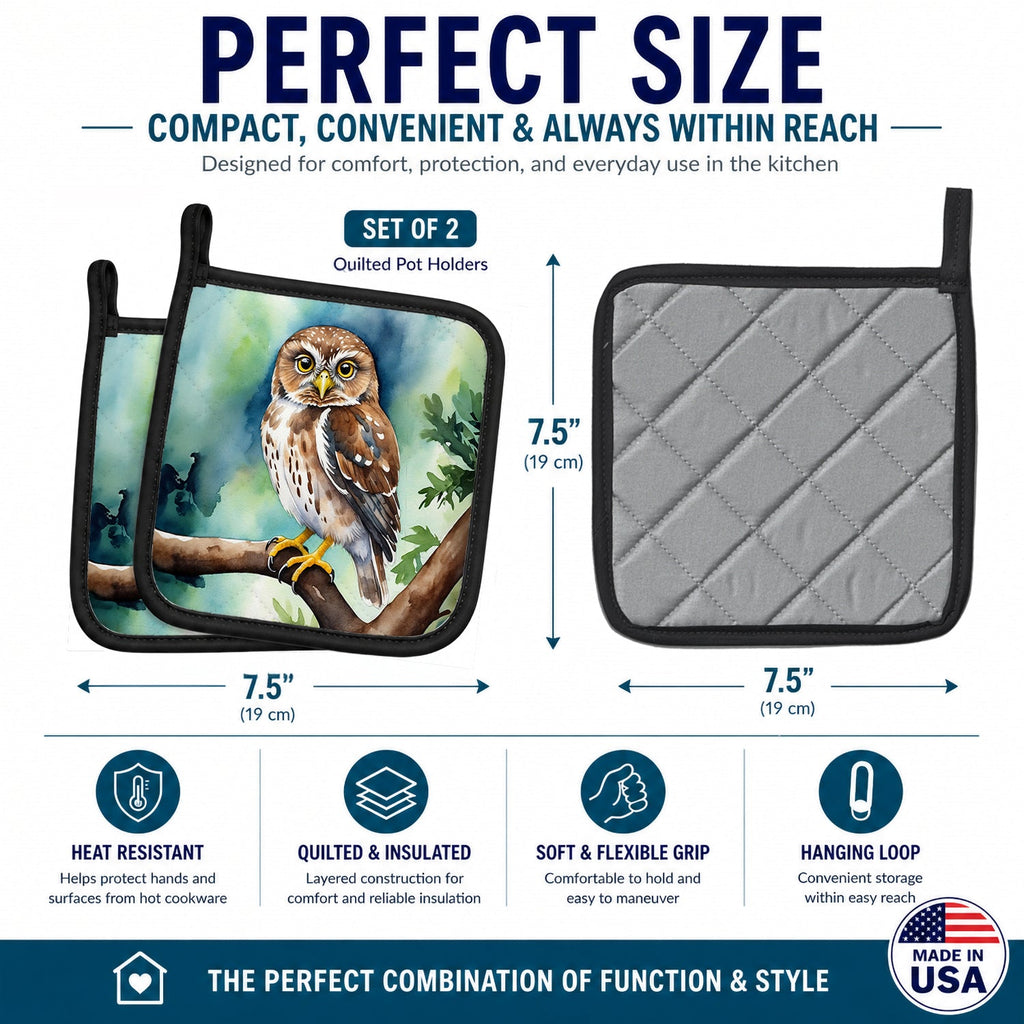 Northern Pygmy Owl Pot Holder Set of 2 Heat Resistant Quilted Hot Pads 7.5 x 7.5 Inch, Insulated Kitchen Trivets for Cooking & Baking