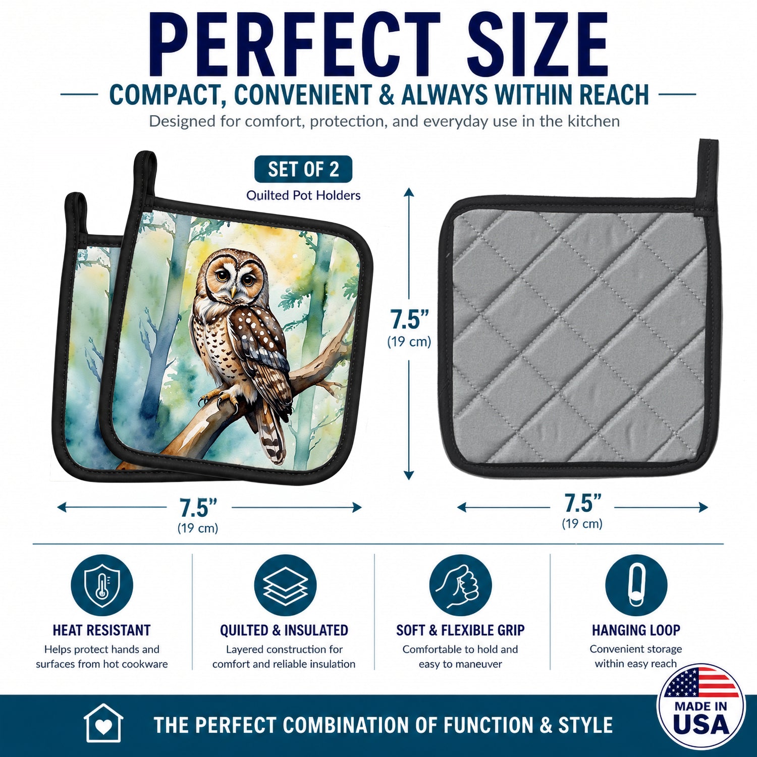 Spotted Owl Pot Holder Set of 2 Heat Resistant Quilted Hot Pads 7.5 x 7.5 Inch, Insulated Kitchen Trivets for Cooking & Baking