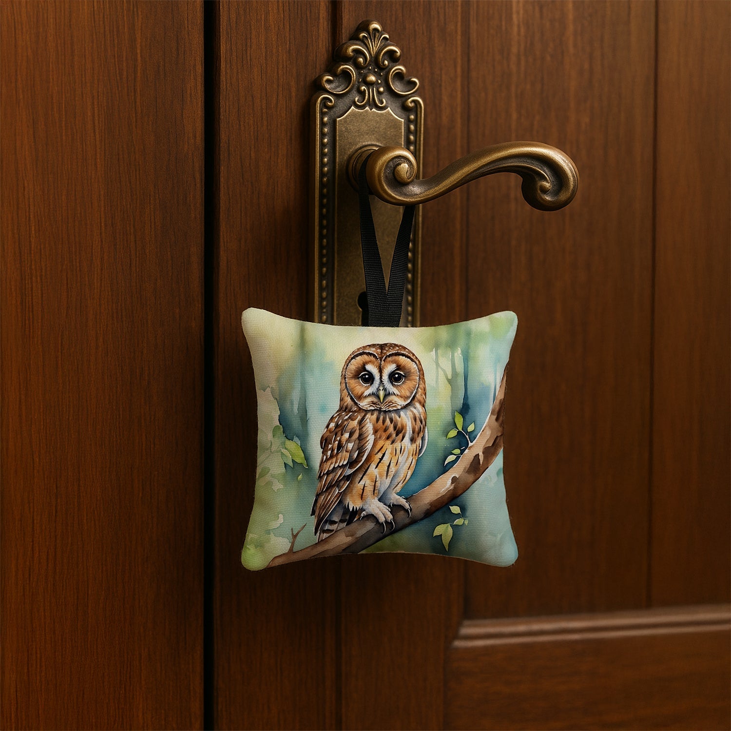 Tawny Owl Hanging Square Fabric Ornament 3.5 × 3.5 Decorative Door-Knob & Tree Hanger, Soft Fabric
