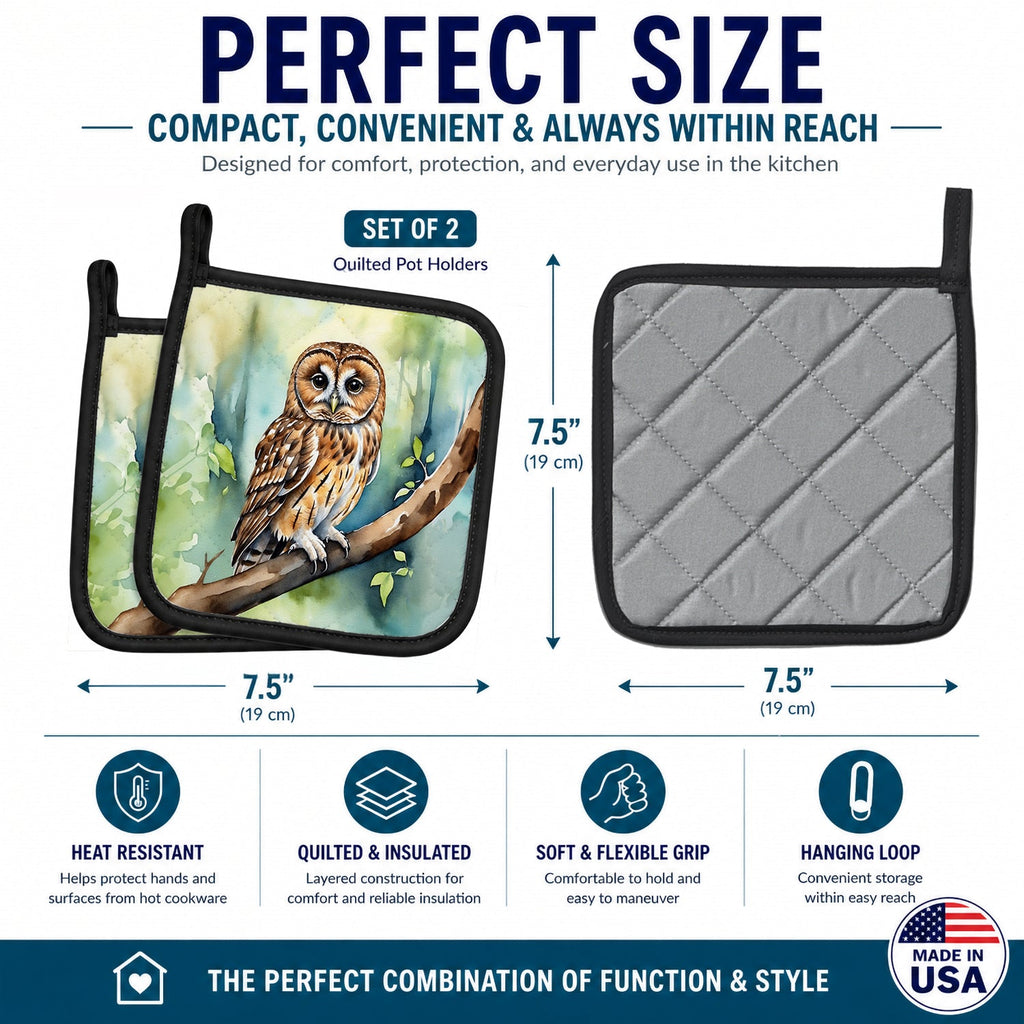 Tawny Owl Pot Holder Set of 2 Heat Resistant Quilted Hot Pads 7.5 x 7.5 Inch, Insulated Kitchen Trivets for Cooking & Baking