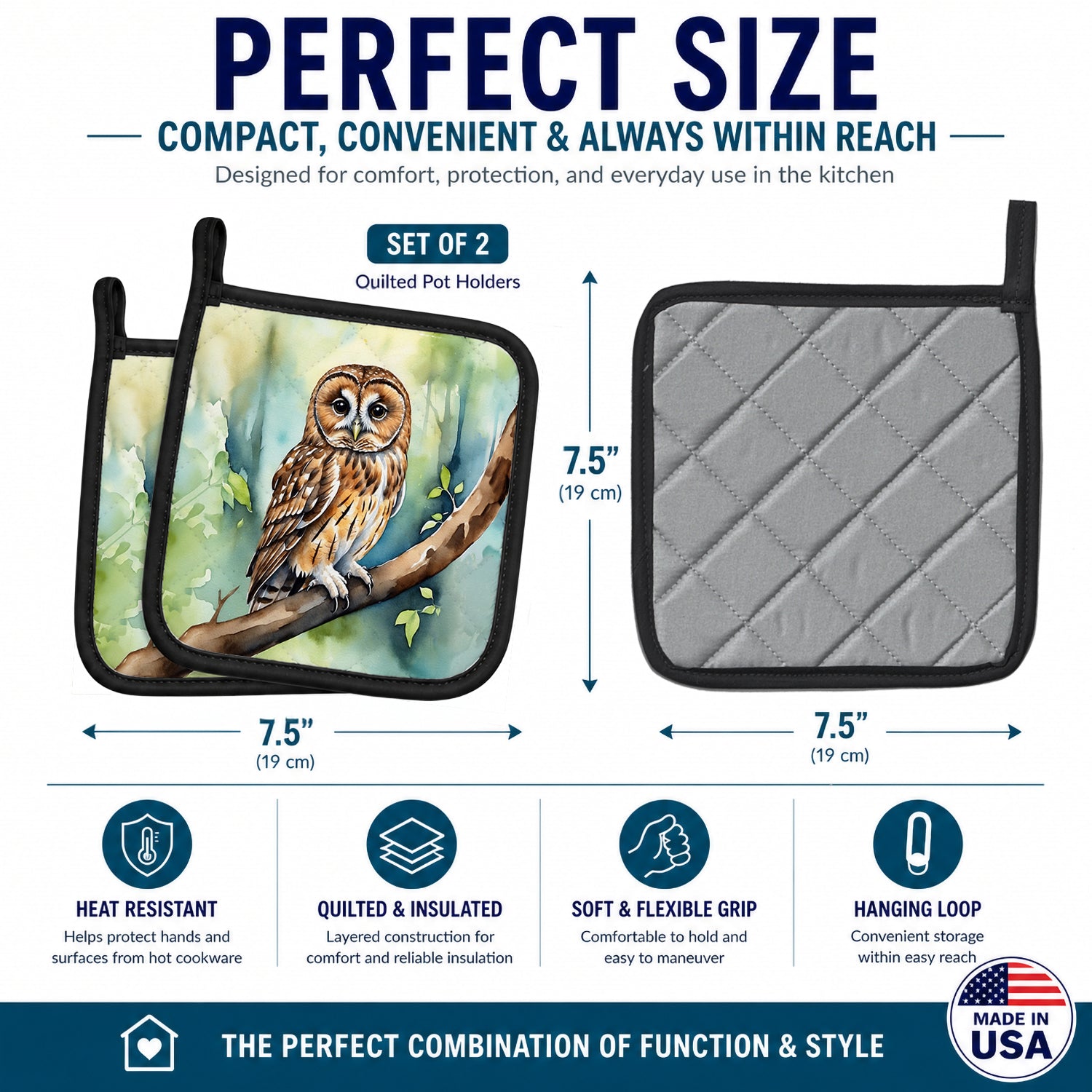 Tawny Owl Pot Holder Set of 2 Heat Resistant Quilted Hot Pads 7.5 x 7.5 Inch, Insulated Kitchen Trivets for Cooking & Baking