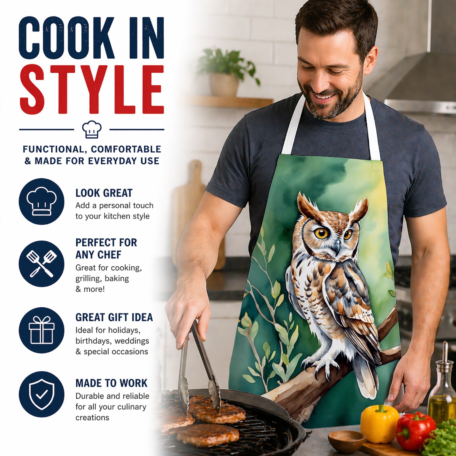 Western Screech Owl Apron Cooking Kitchen Server Baking Crafts Gardening for Adult Women Men, Unisex, Large, Multicolor