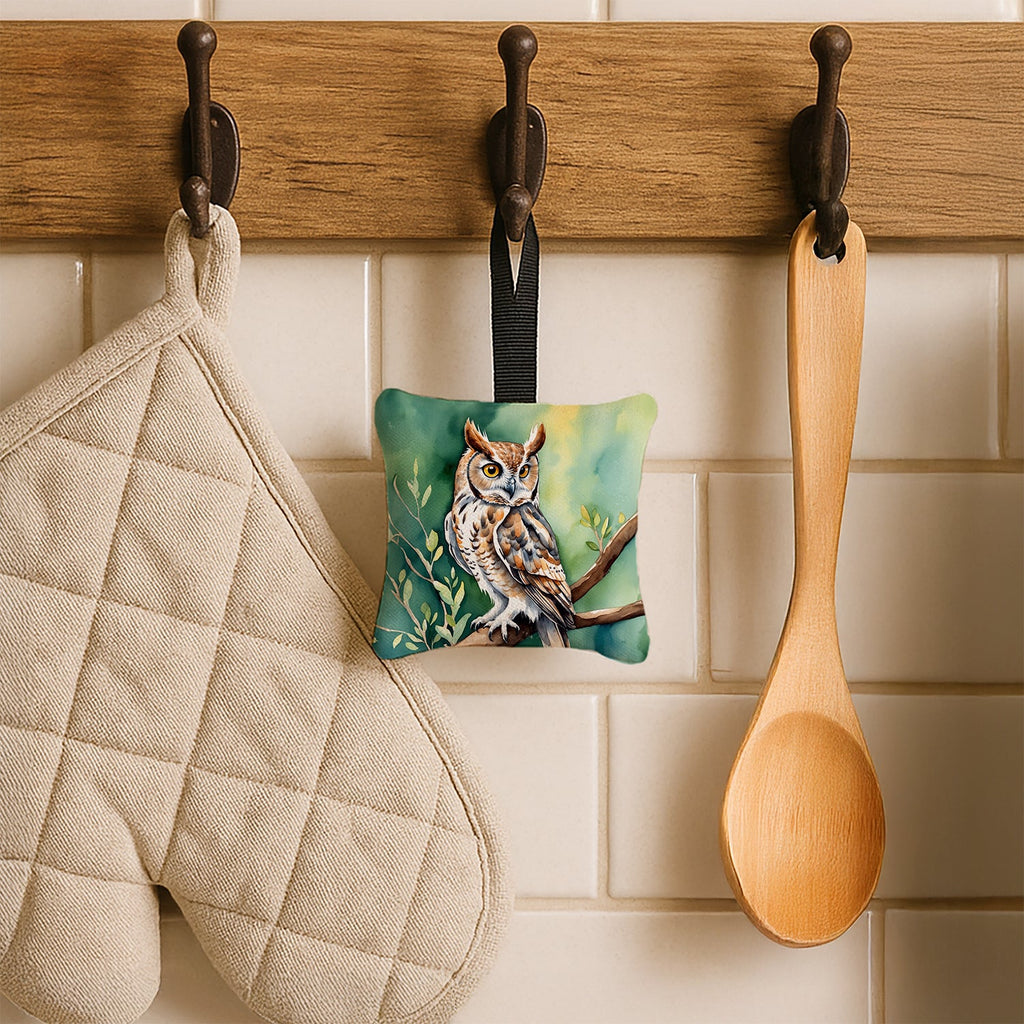Western Screech Owl Hanging Square Fabric Ornament 3.5 × 3.5 Decorative Door-Knob & Tree Hanger, Soft Fabric
