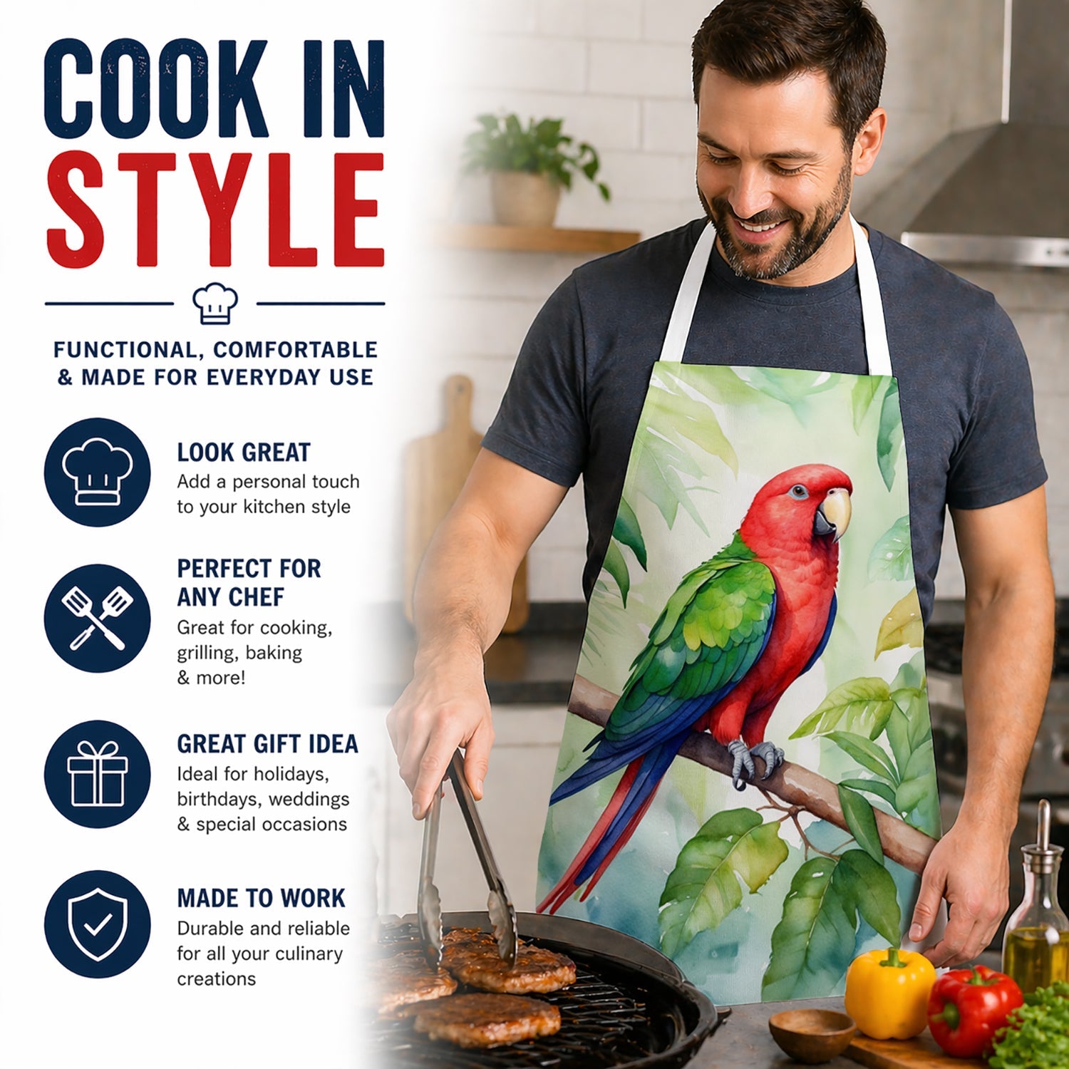 Eclectus Parrot Apron Cooking Kitchen Server Baking Crafts Gardening for Adult Women Men, Unisex, Large, Multicolor