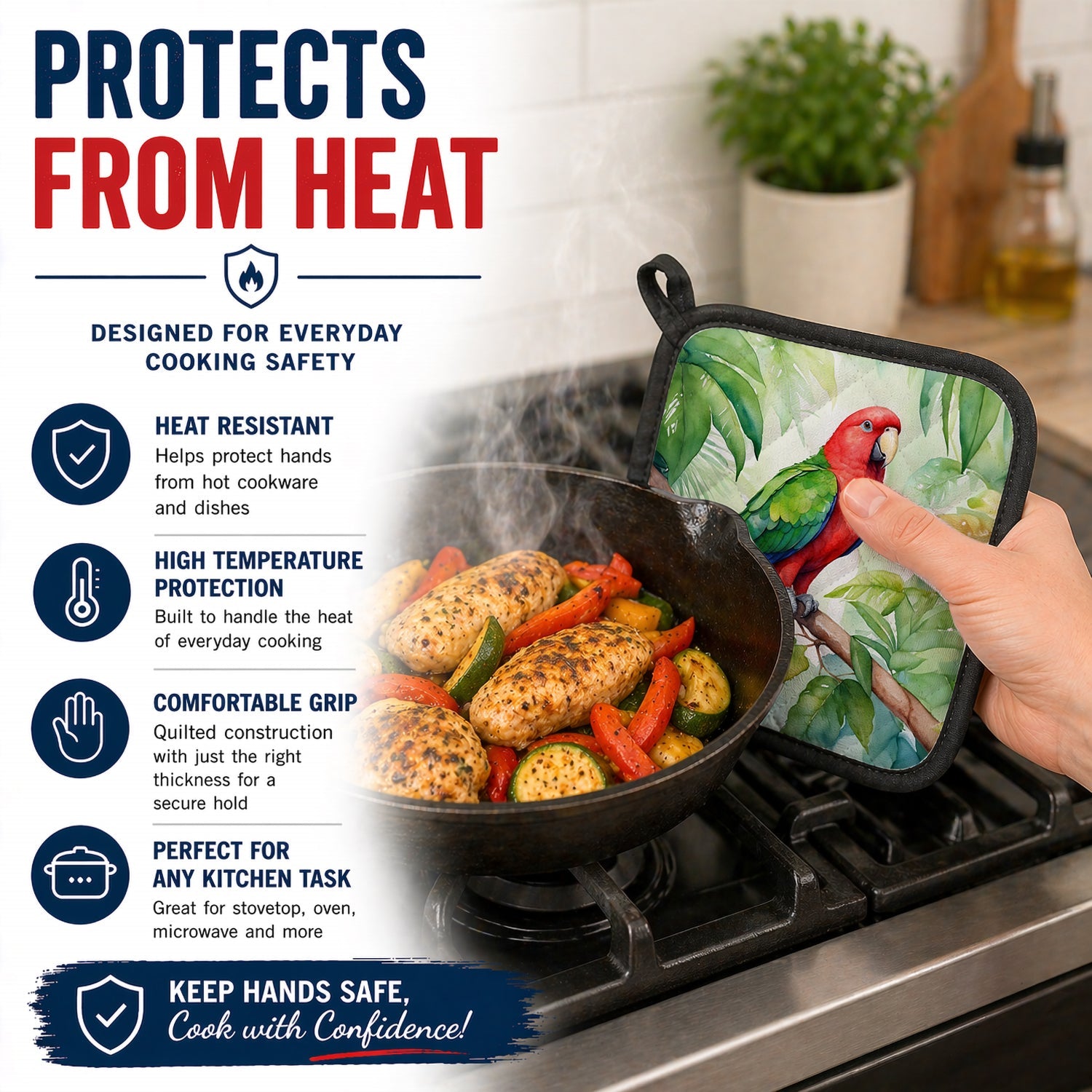 Eclectus Parrot Pot Holder Set of 2 Heat Resistant Quilted Hot Pads 7.5 x 7.5 Inch, Insulated Kitchen Trivets for Cooking & Baking