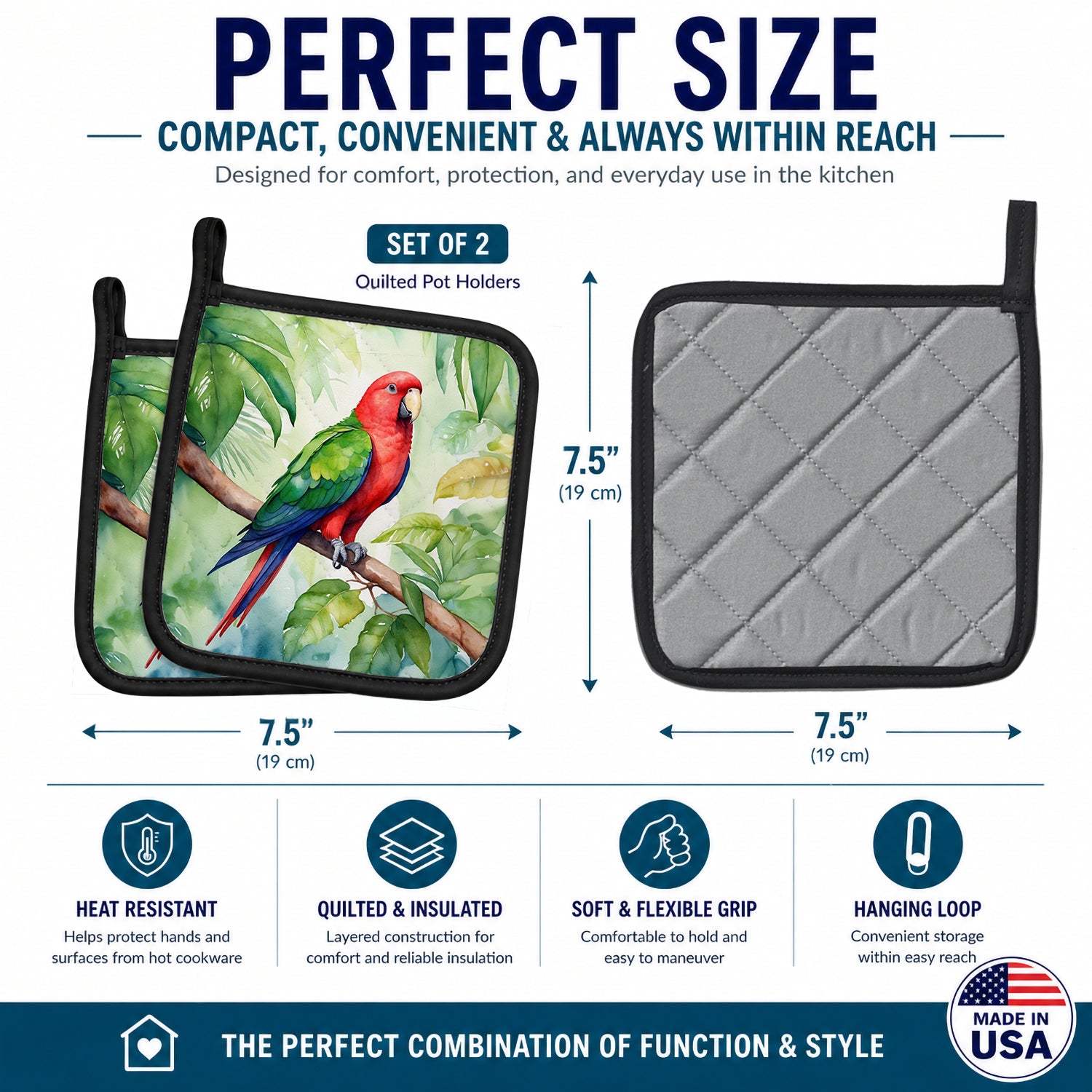 Eclectus Parrot Pot Holder Set of 2 Heat Resistant Quilted Hot Pads 7.5 x 7.5 Inch, Insulated Kitchen Trivets for Cooking & Baking
