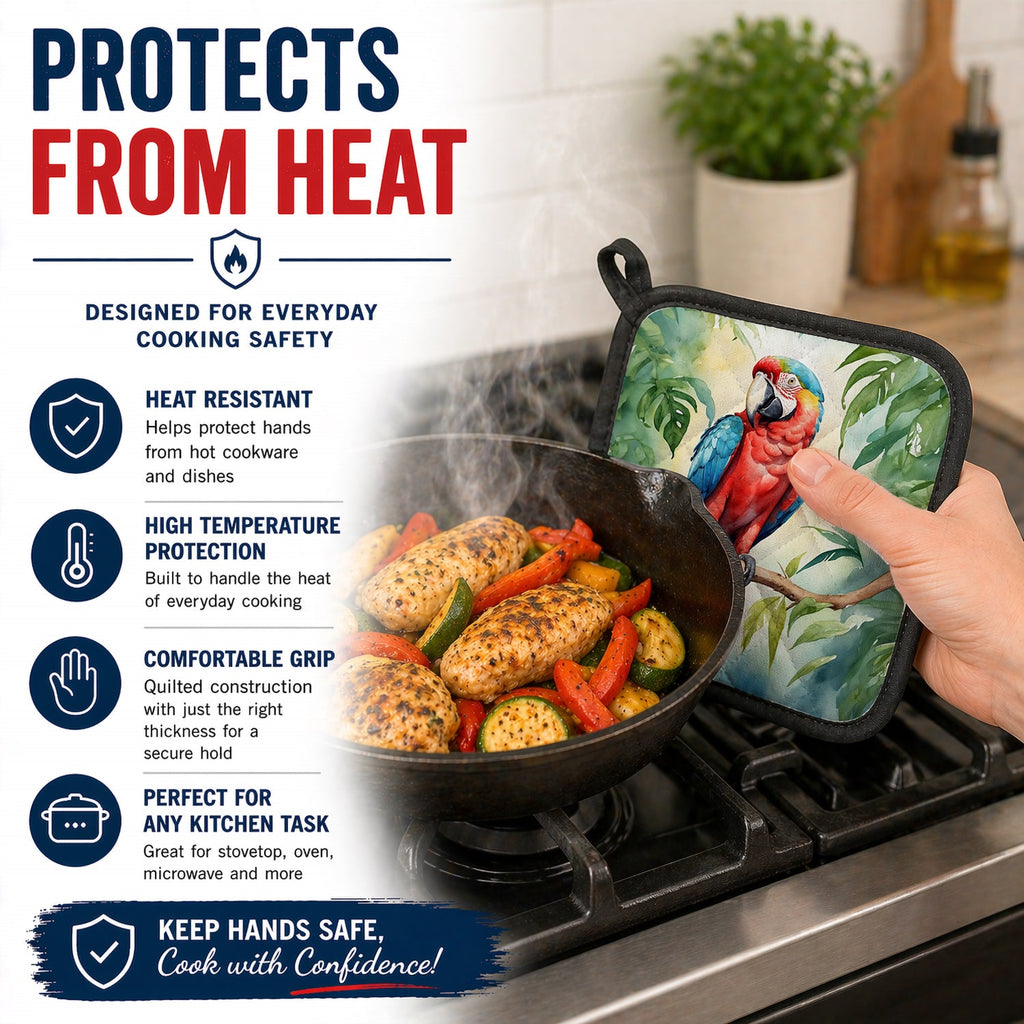 Macaw Parrot Pot Holder Set of 2 Heat Resistant Quilted Hot Pads 7.5 x 7.5 Inch, Insulated Kitchen Trivets for Cooking & Baking