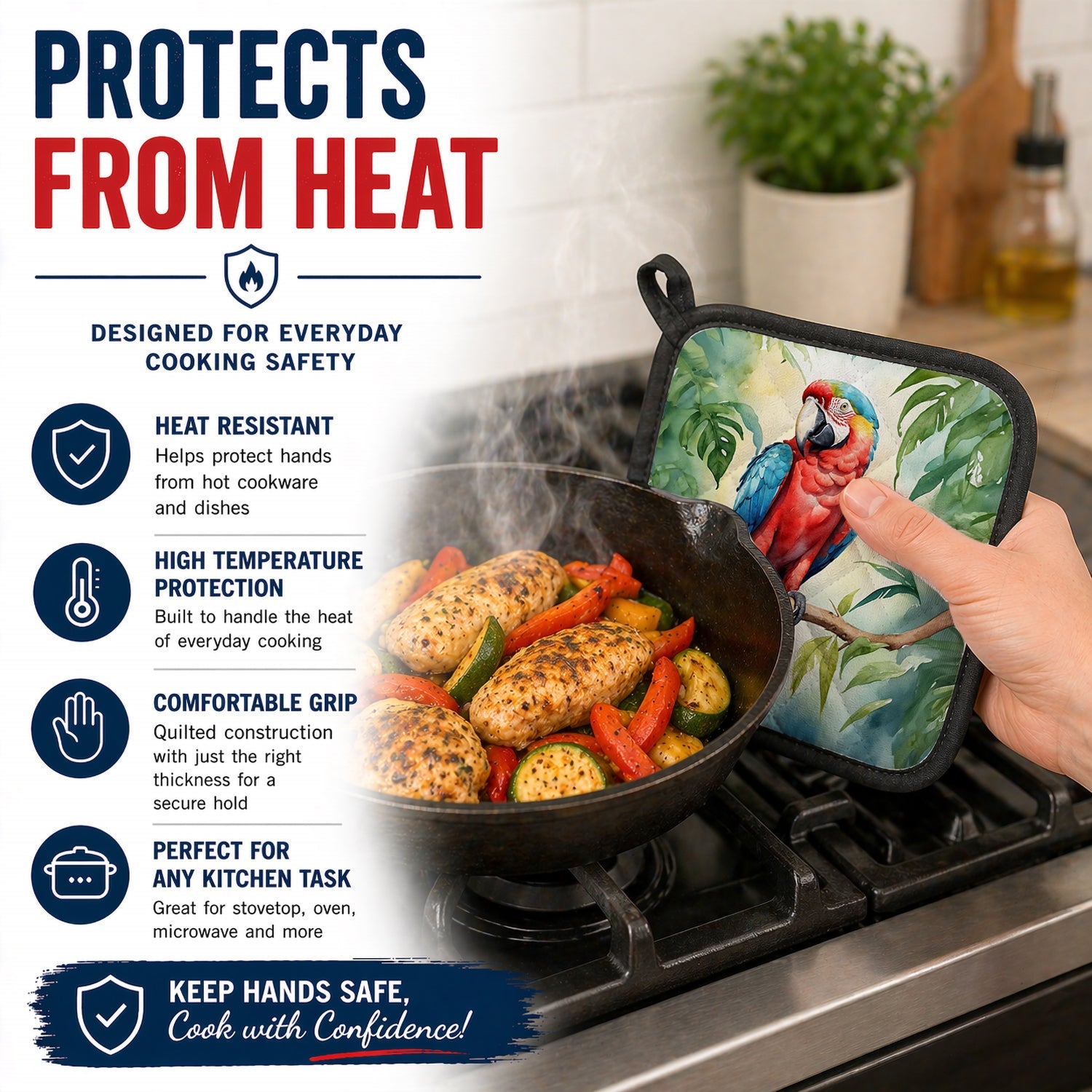Macaw Parrot Pot Holder Set of 2 Heat Resistant Quilted Hot Pads 7.5 x 7.5 Inch, Insulated Kitchen Trivets for Cooking & Baking